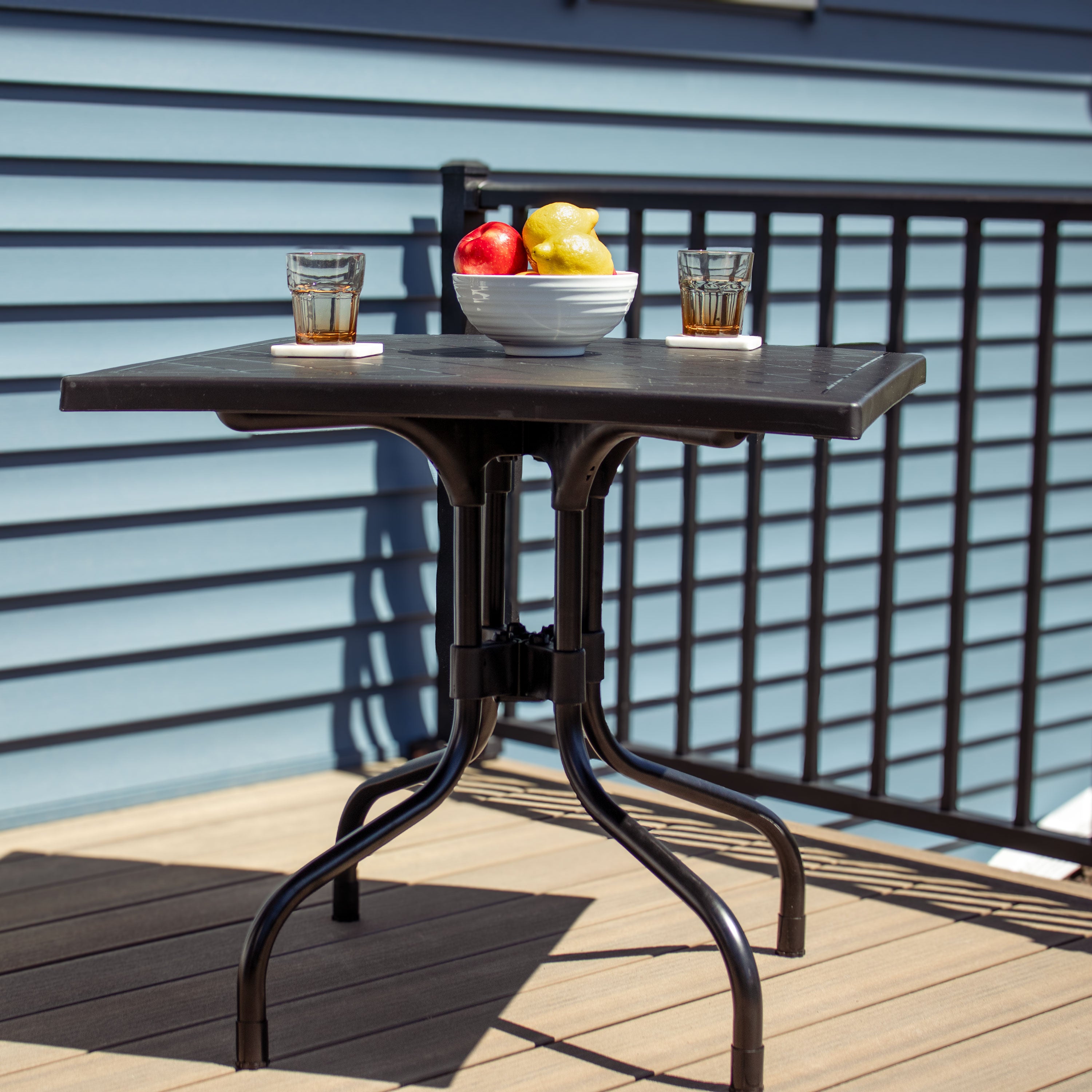 Black Sunnydaze Square Folding Patio Dining Table with Sturdy Iron Legs - Perfect for Outdoor Entertaining, Small Balconies & Backyard BBQs