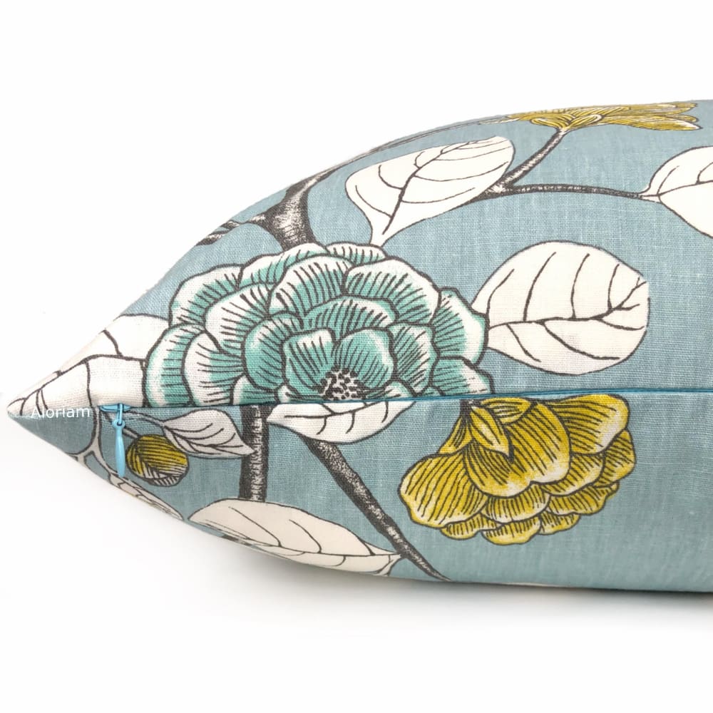 Dwell Studio Robert Allen Leda Peony Aquatint Gray Aqua White Yellow Decorative Pillow Cover - Perfect for Sofa, Bed, Couch & Home Decor