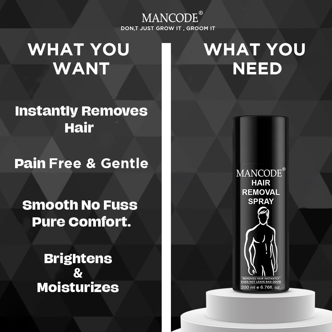 Mancode Hair Removal Spray for Men - Painless Body Hair Remover for Back, Chest, Legs, Arms & Intimate Areas - Fast Acting in 3-6 Minutes - 200ml - Ideal for Smooth Skin Before Beach, Gym or Date Night
