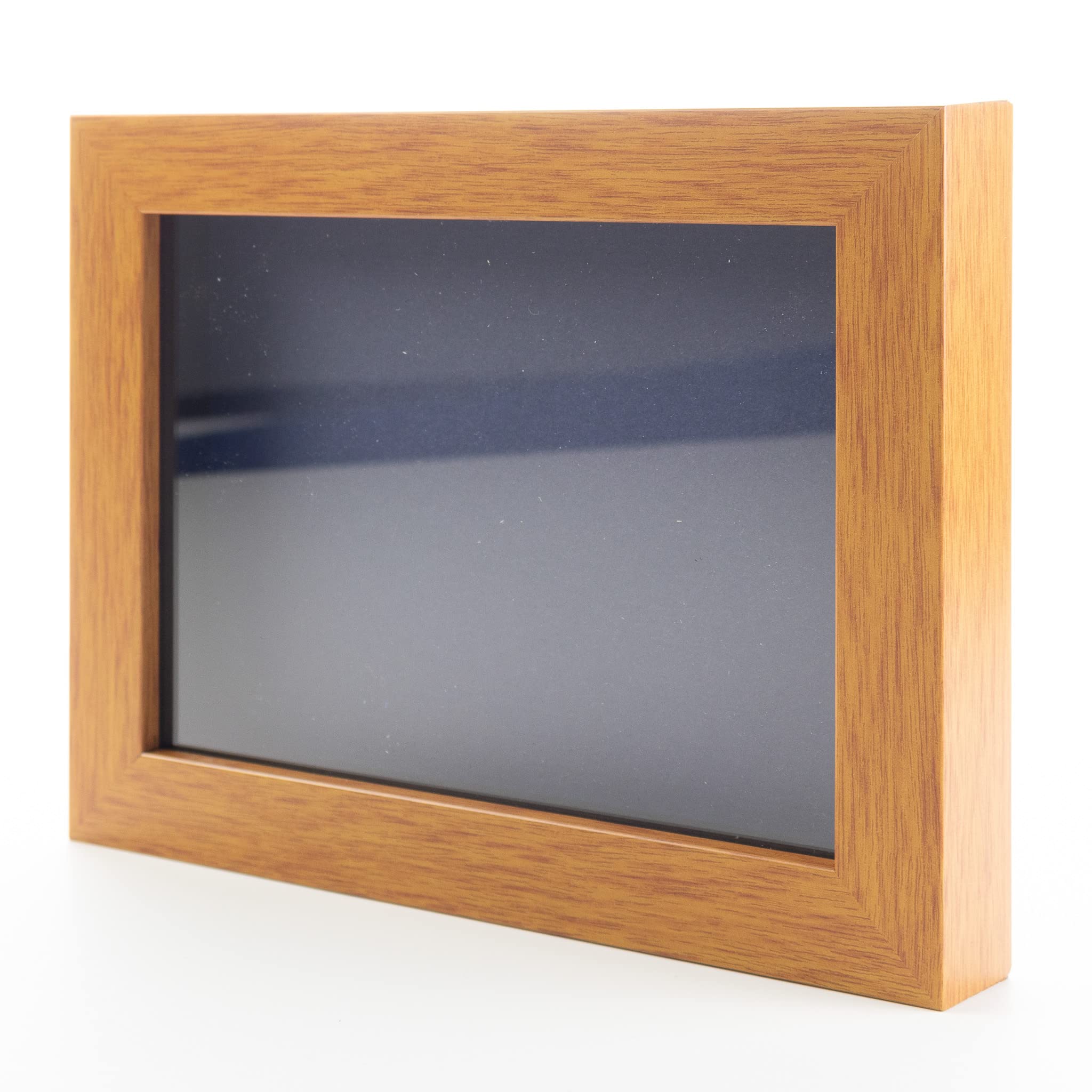Honey Pecan 13x34 Shadow Box Frame - Solid Wood Display Case with Navy Acid-Free Backing, UV Protective Acrylic & Hanging Hardware | 3/4