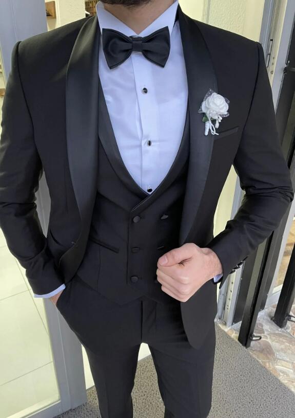 Slim Fit Shawl Lapel 3-Piece Black Prom Tuxedo Suit for Men | Formal Evening Wear | Wedding, Gala & Special Occasion Attire
