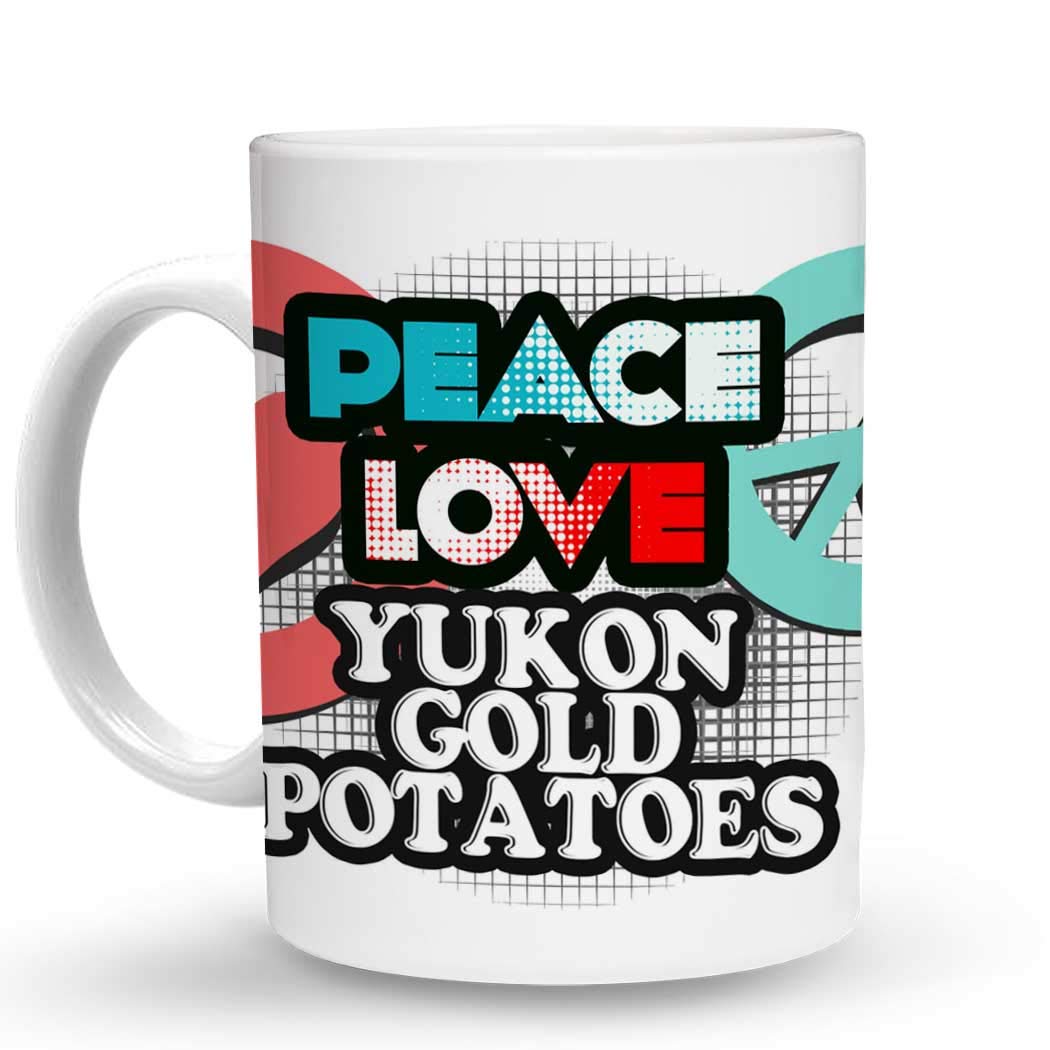 Makoroni - Peace Love Yukon Gold Potatoes - 11oz Unique Coffee Mug for Tea & Hot Drinks - Funny Novelty Gift for Potato Lovers, Kitchen & Office Use