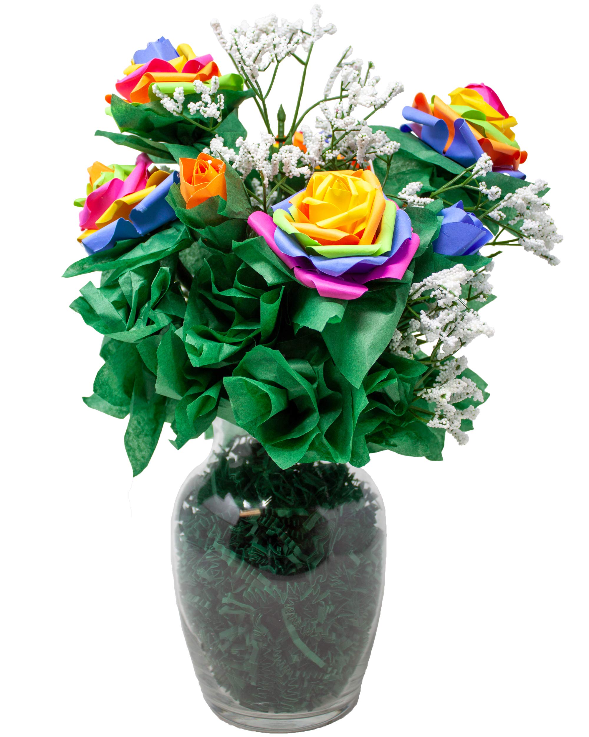 Handmade Rainbow Rose Bouquet with Paper Roses & Faux Baby's Breath - LGBTQ Pride Gift, Birthday Present, Mother's Day Flowers, Graduation Bouquet, Get Well Soon Gift | Perfect for Weddings, Home Decor & Special Occasions