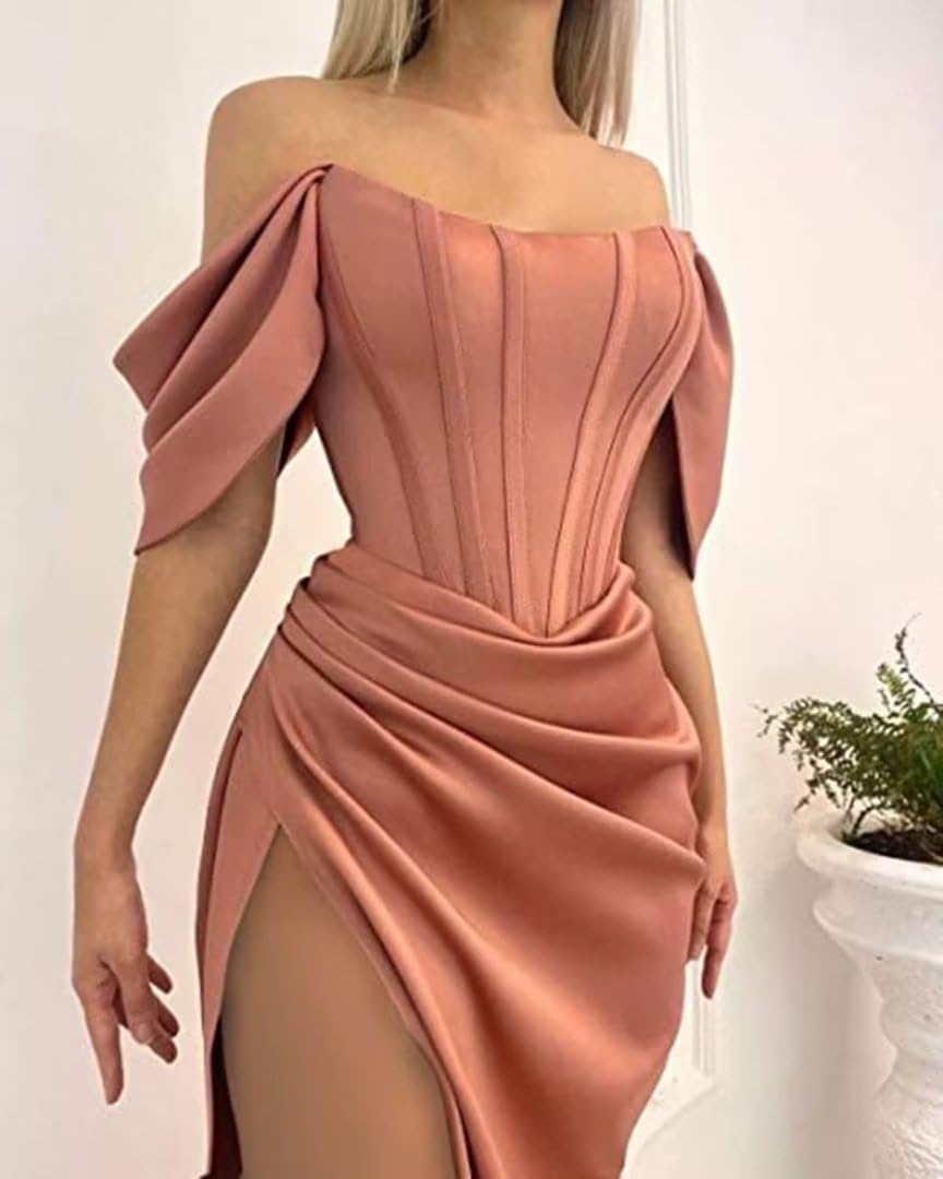Elegant Off-The-Shoulder Mermaid Prom Dress with Ruched Satin Detail - Wedding Bridesmaid & Evening Gown with High Slit - Perfect for Formal Events, Homecoming, and Special Occasions