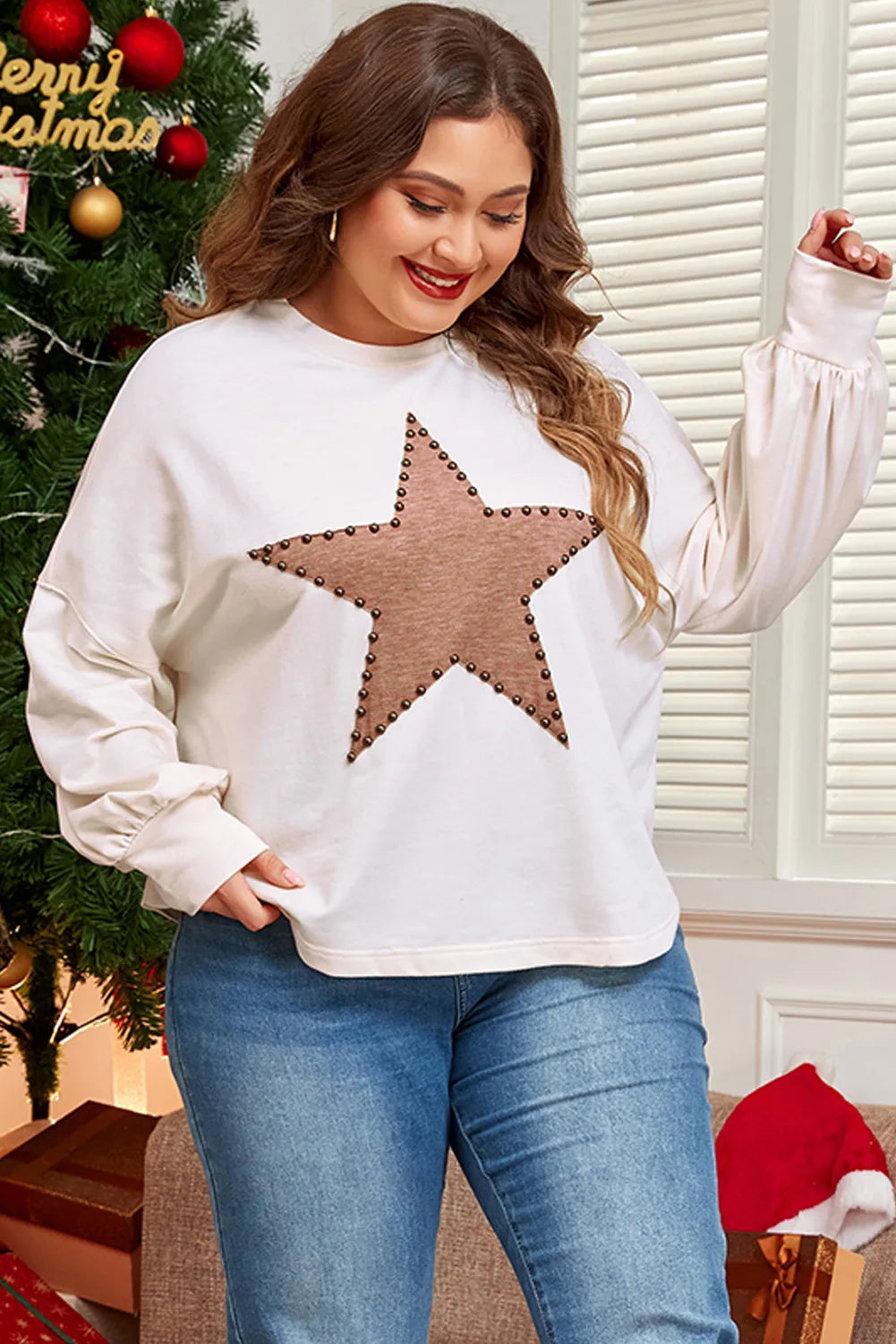 Plus Size Studded Star Round Neck Long Sleeve Blouse for Women - Fashionable & Comfortable Tops for Casual Wear, Office, and Evening Outfits