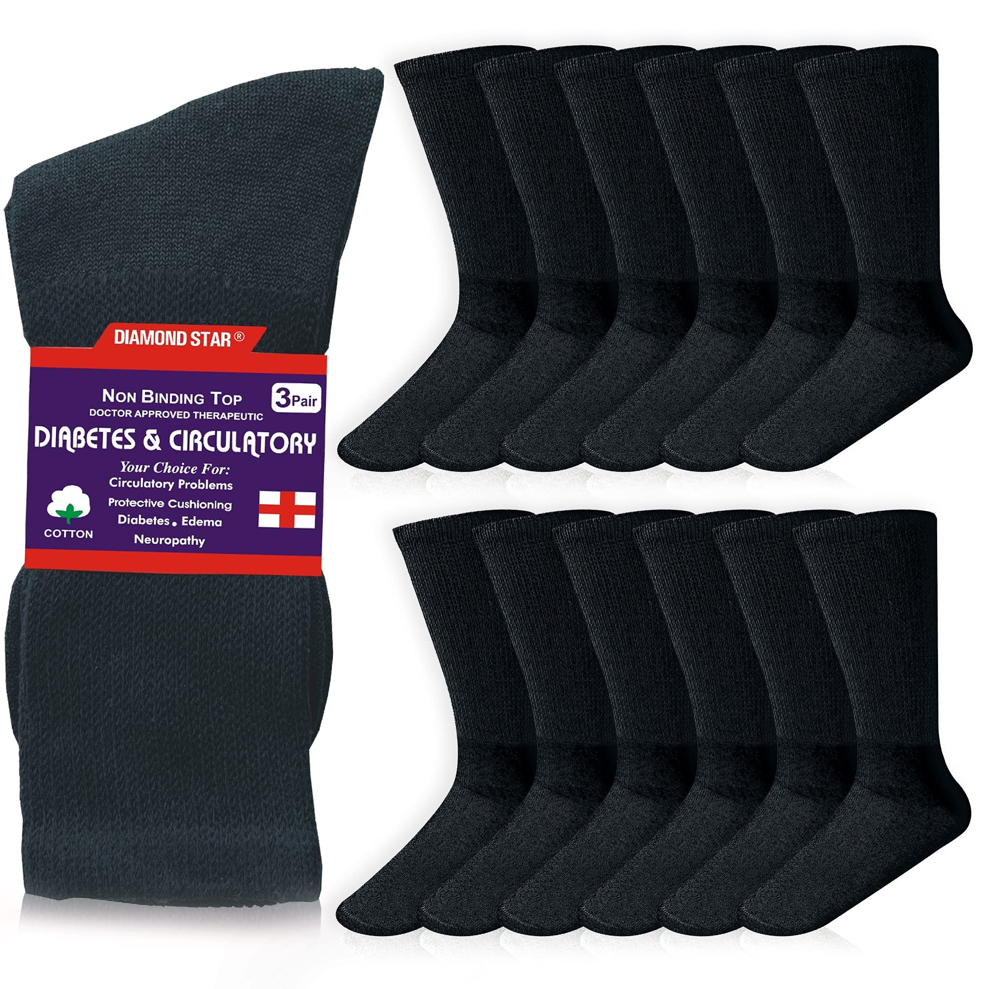 Diabetic Socks 6 Pairs - Cotton Crew Socks for Men & Women - Physician Approved for Daily Comfort