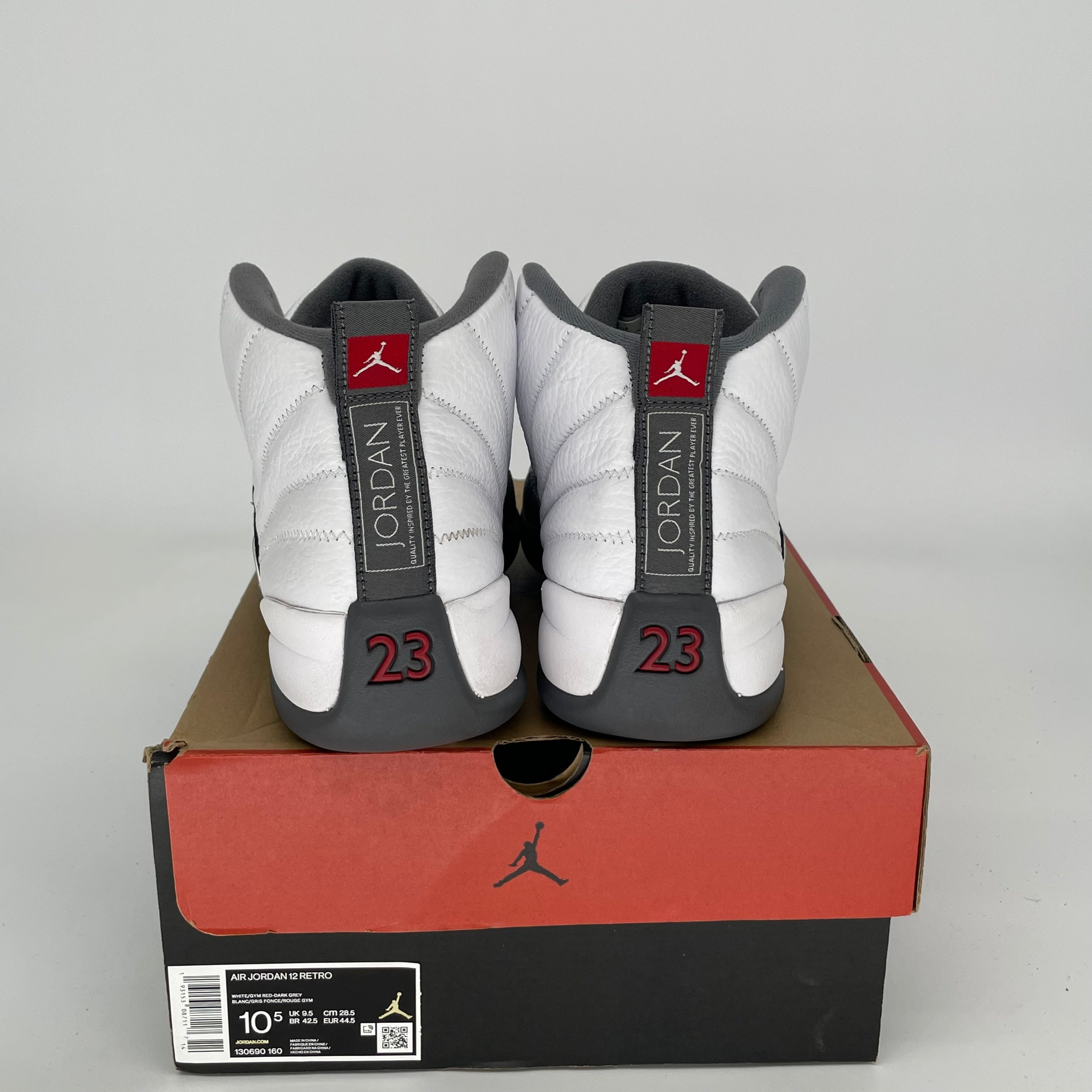 Original Air Jordan 12 Retro Basketball Shoes - White/Dark Grey - Size 10.5 (Style Code: 130690-160) | Authentic Men's Sneakers for Sports, Streetwear & Casual Outfits