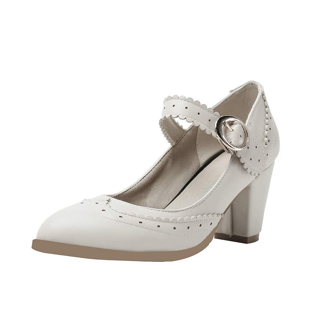 Vintage Women's Rockabilly Mary Jane Block Heel Pumps - Wingtip Closed Toe Dress Shoes for Retro Parties & Pinup Fashion