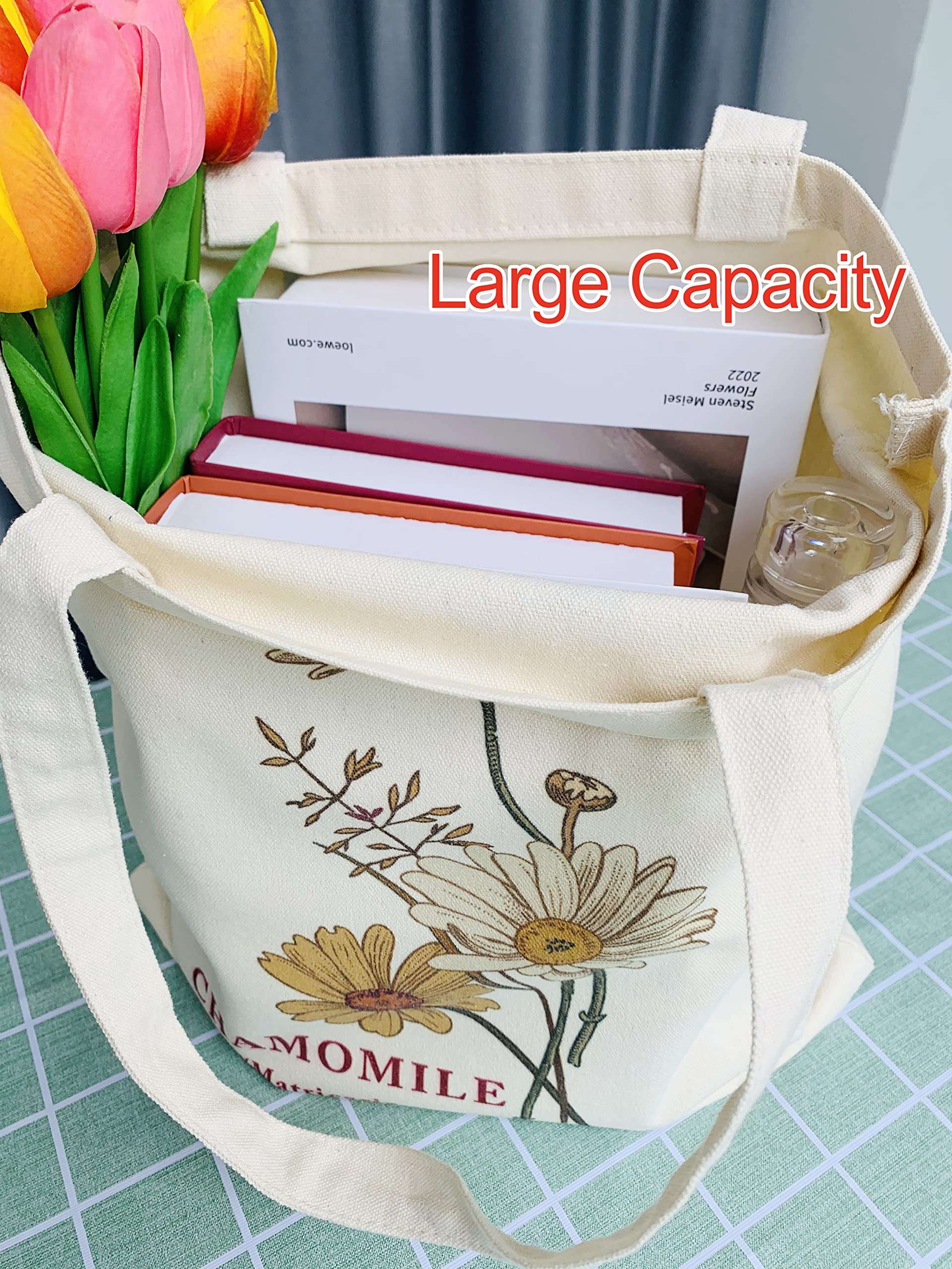Stylish Floral Canvas Tote Bag for Women - Reusable Grocery Shopping Bag with Cute Cat Design - Perfect for Teachers, Beach Trips & Farmers Market