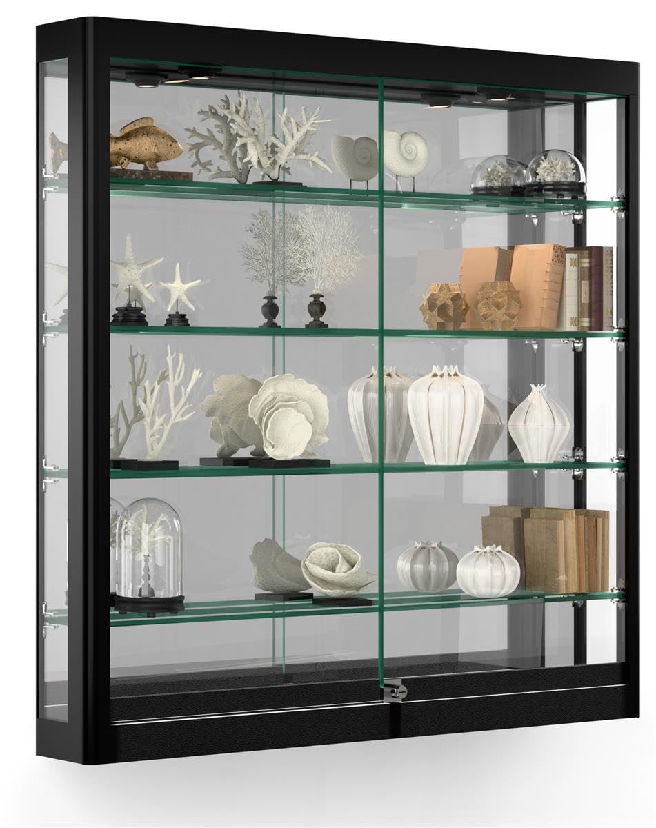 Displays2go Wall Mount LED Illuminated Showcase with 4 Tempered Glass Shelves - Black (WC396LEDB) | Perfect for Retail Stores, Boutiques & Museum Displays