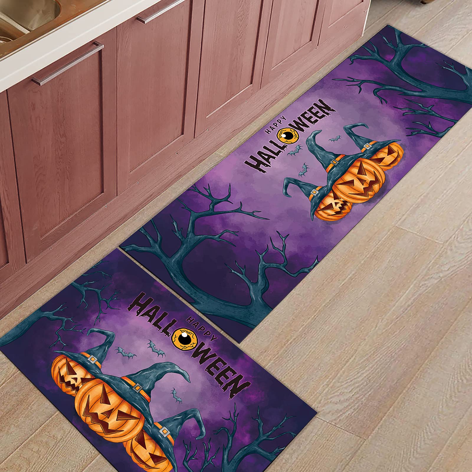 Non-Slip Halloween Kitchen Runner Rug Set of 2 - Watercolor Pumpkin Jack-o'-Lanterns Witch Hat Bat Design - Purple Washable Door Mat for Laundry, Bedside, Bathroom & Bedroom - Perfect for Fall Decor & Spooky Home Party