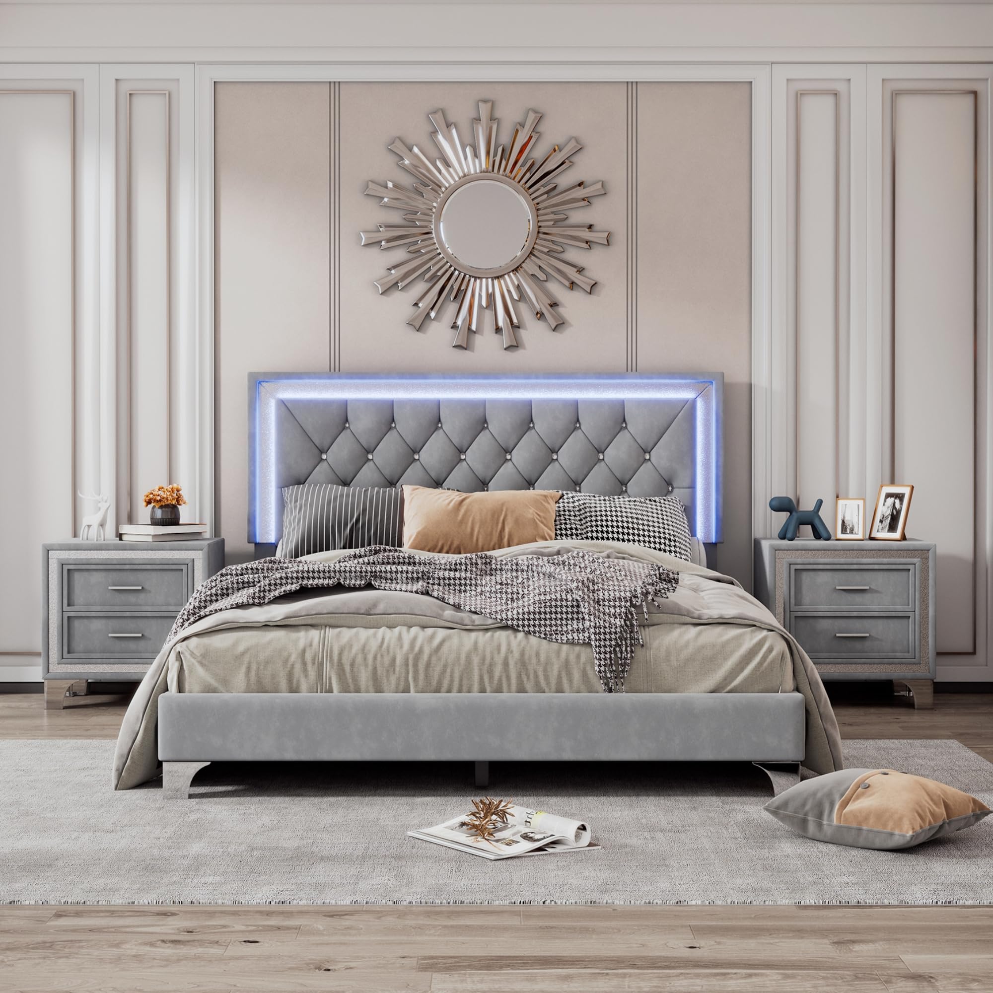 Harper & Bright Designs 3-Piece Queen Bedroom Set with LED Lights - Modern Upholstered Platform Bed & 2 Nightstands, Gray - Perfect for Contemporary Bedrooms, Guest Rooms & Small Spaces