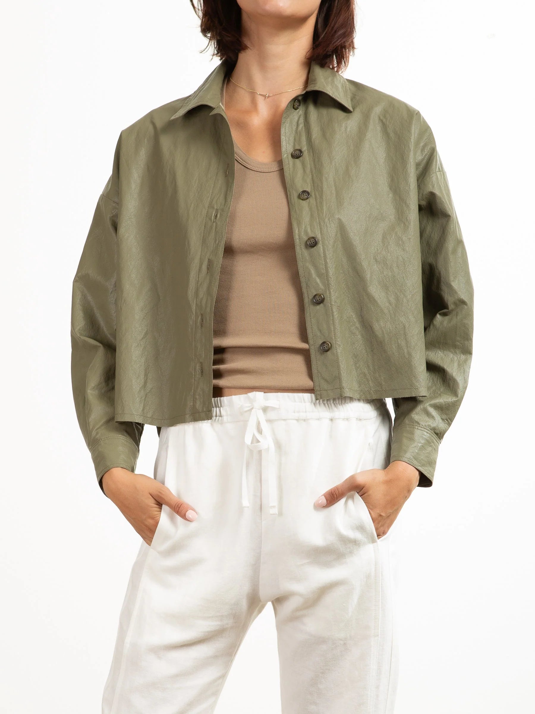 Esme Crop Faux Leather Shirt in Army Green - Stylish Vegan Leather Top for Women | Perfect for Night Out, Party & Streetwear Fashion