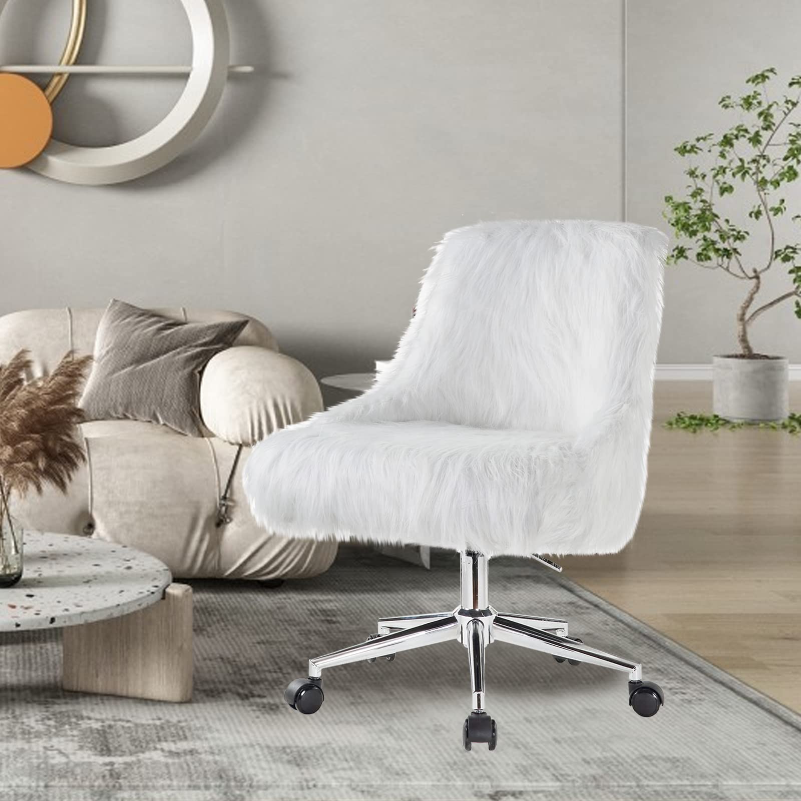 HomVent Faux Fur Desk Chair - Soft Swivel Vanity Chair with Adjustable Height, Fluffy Armless Office Chair for Home, Studio & Makeup | Perfect for Living Room, Bedroom, Dressing Table & Workspace