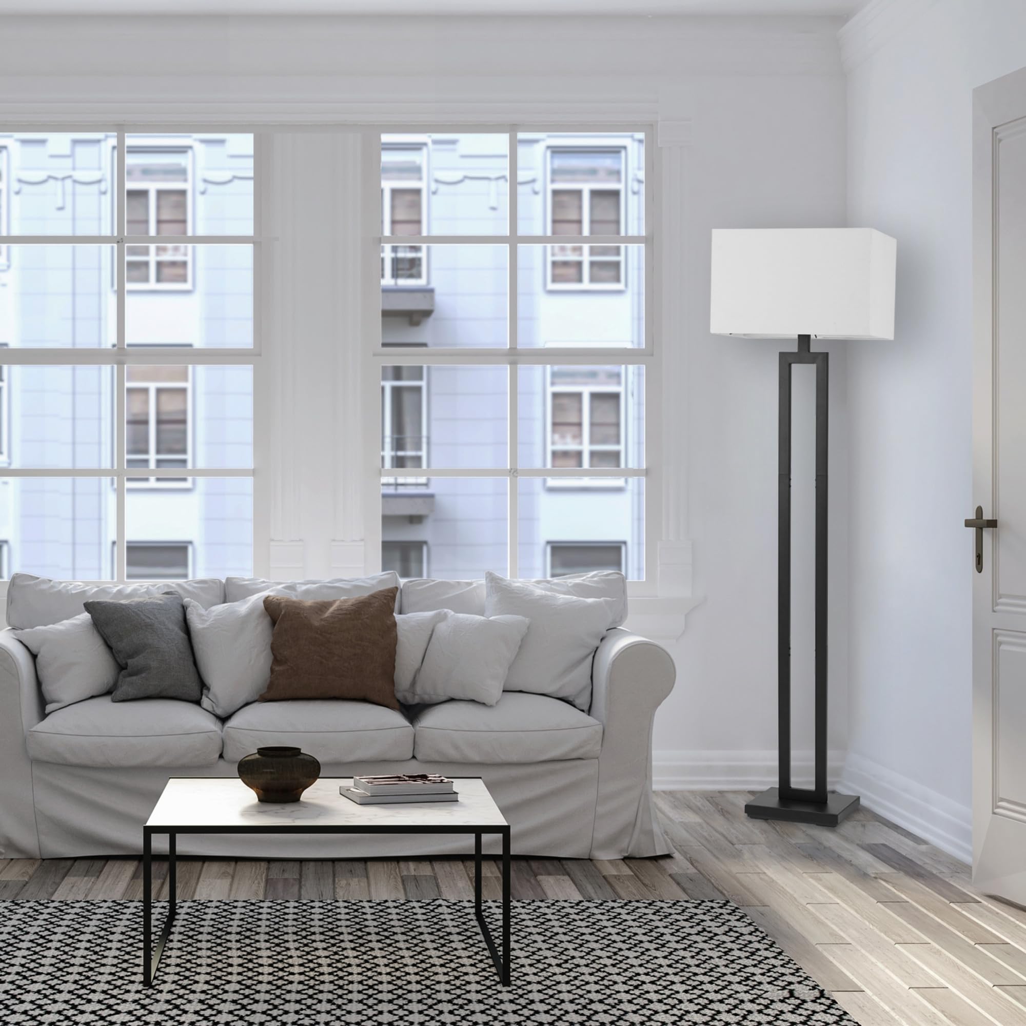 Globe Electric 67046 58-Inch Modern Floor Lamp with Matte Black Finish & White Linen Shade - Rotary On/Off Switch, Tall Standing Corner Light for Living Room, Bedroom, Office & Reading Nook Decor