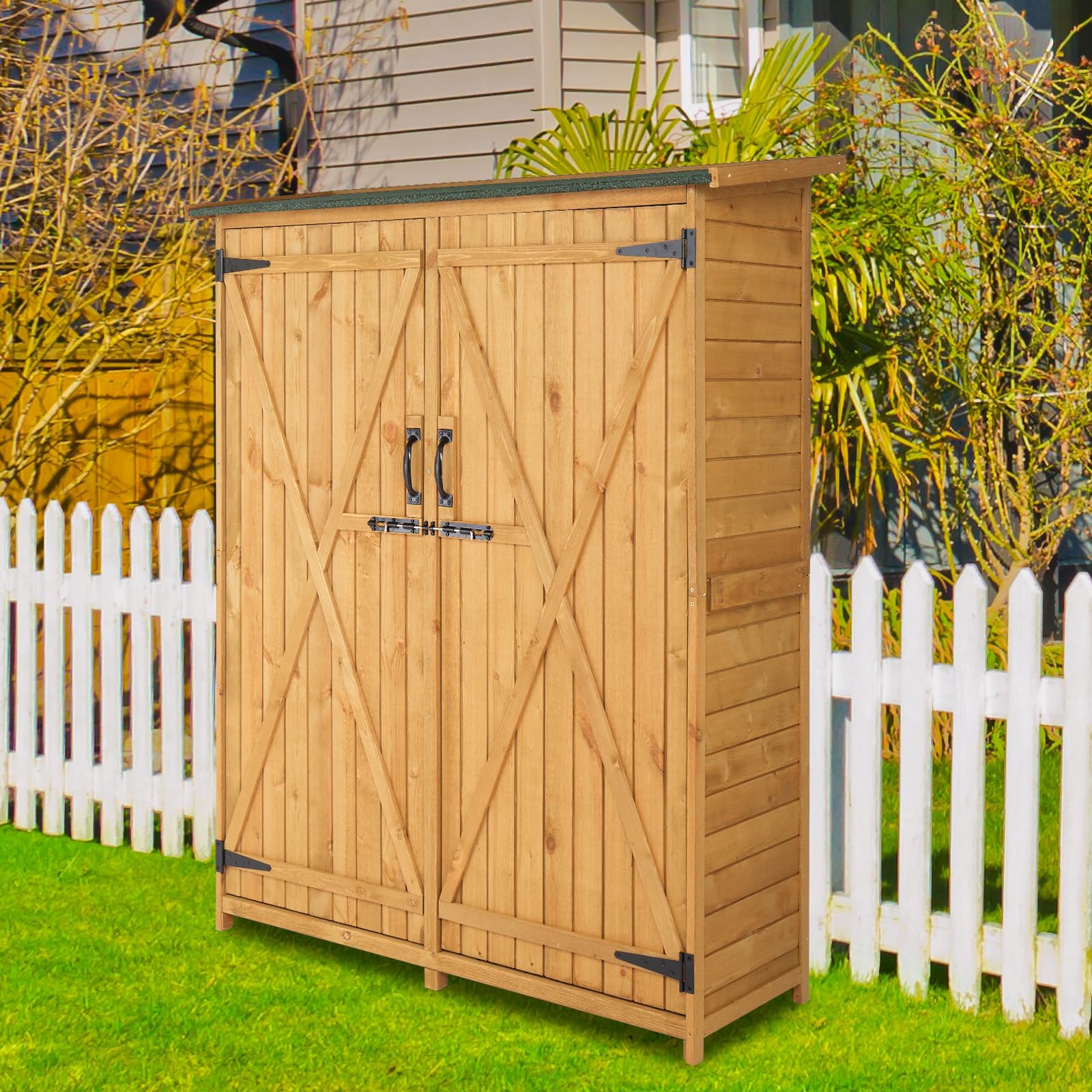 Outdoor Wooden Garden Shed Storage Cabinet - Weatherproof Vertical Tool Organizer with Double Lockable Doors for Yard, Patio & Backyard | Perfect for Storing Lawn Mowers, Gardening Tools & Outdoor Equipment