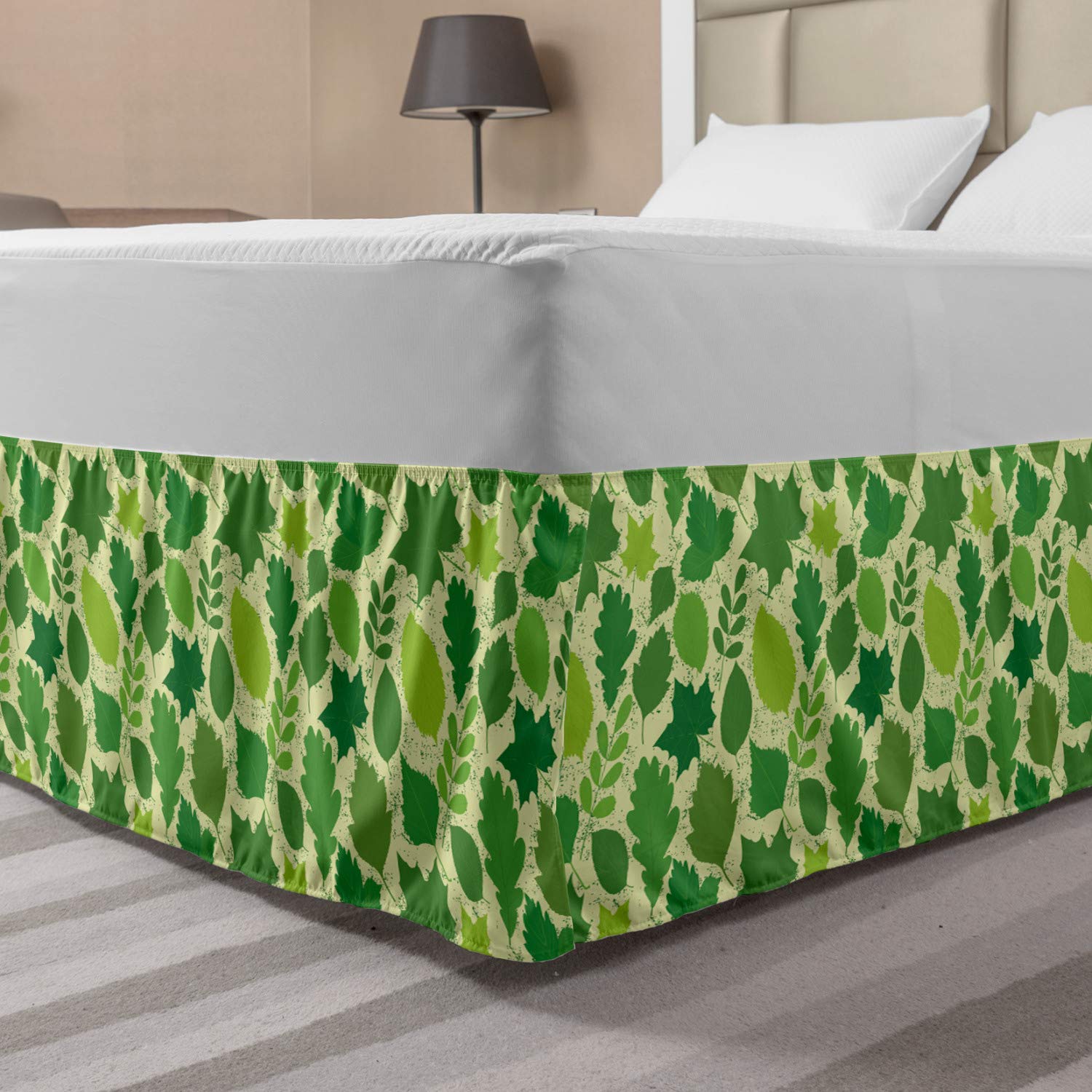 Ambesonne Botanical Leaves Bed Skirt - Queen Size Elastic Wrap Around Dust Ruffle with Herbal Plant Design in Lime Green, Perfect for Bedroom Decor & Guest Room Styling