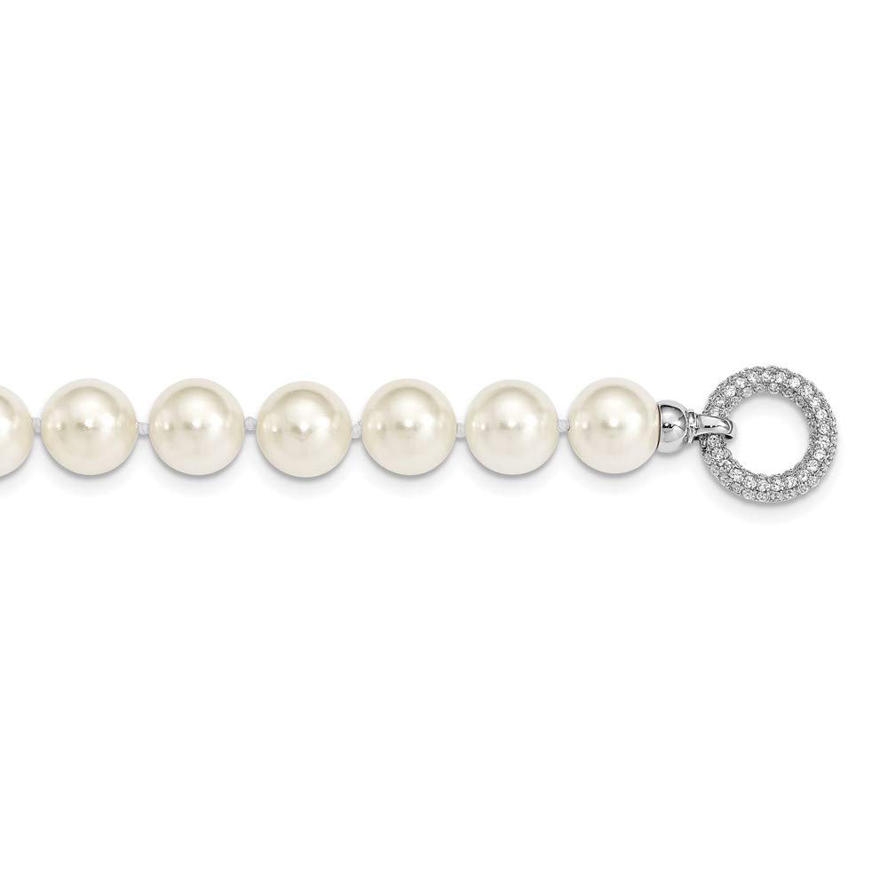 925 Sterling Silver 12-13mm White Shell Cubic Zirconia Pendant Necklace with Fancy Clasp - Elegant Fine Jewelry for Women, Perfect Gift for Her (18.5