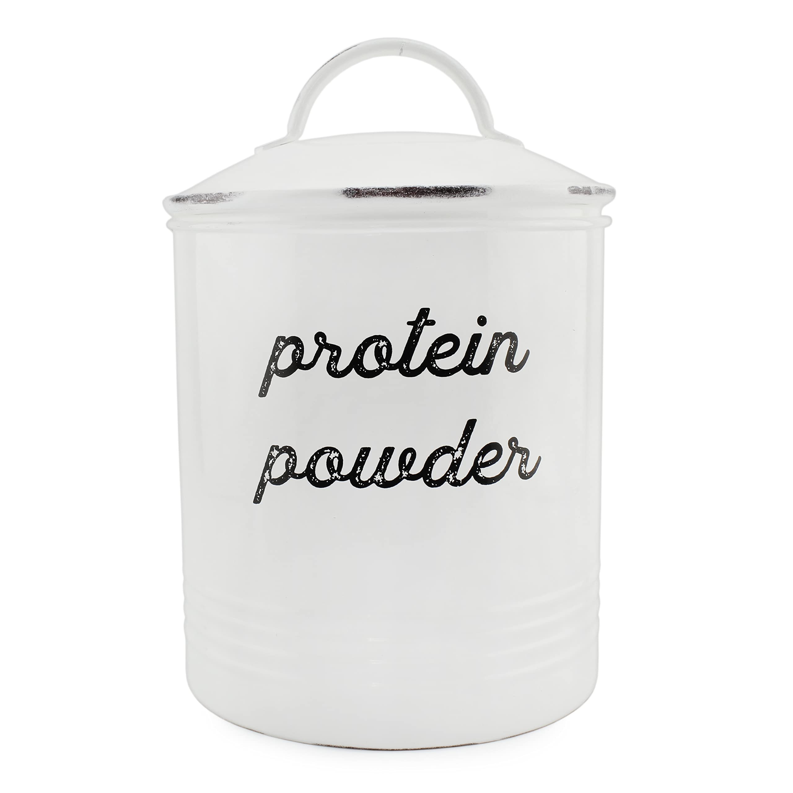 AuldHome Vintage Enamelware Protein Powder Storage Canister - White Distressed Rustic Kitchen Container for Protein, Coffee, Tea & Spices | Perfect for Pantry, Countertop & Farmhouse Style Kitchens