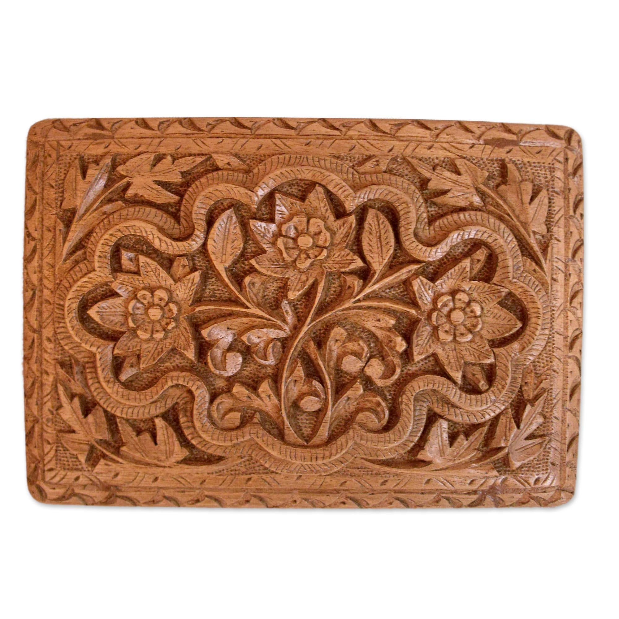 NOVICA Floral Wood Jewelry Box - Handcrafted Brown Spring Flowers Design | Perfect for Gift Giving, Jewelry Storage & Home Décor