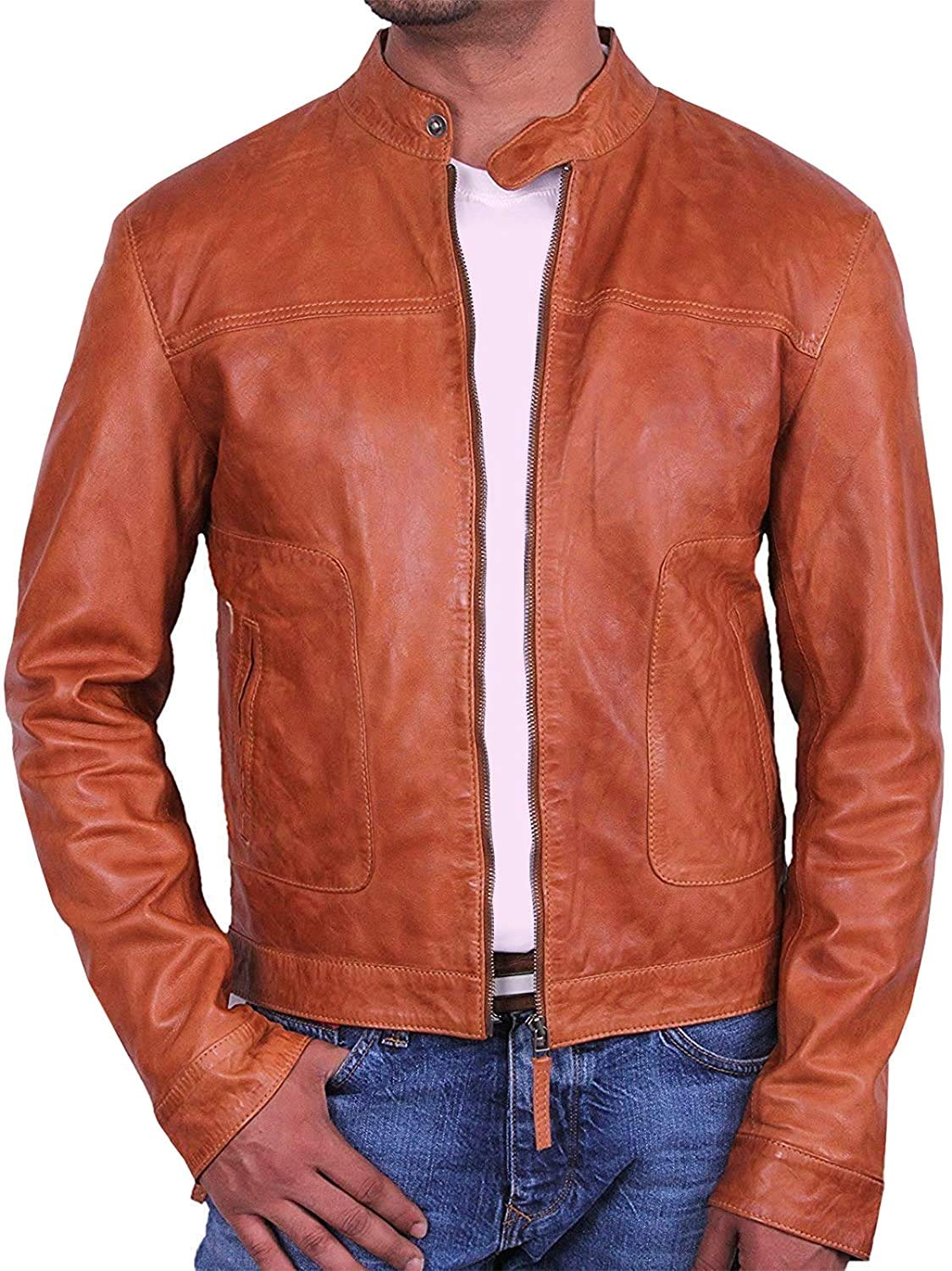 BRANDSLOCK Men's Genuine Leather Biker Jacket - Vintage Bomber Coat for Motorcycle Riding, Casual Outfits & Winter Fashion