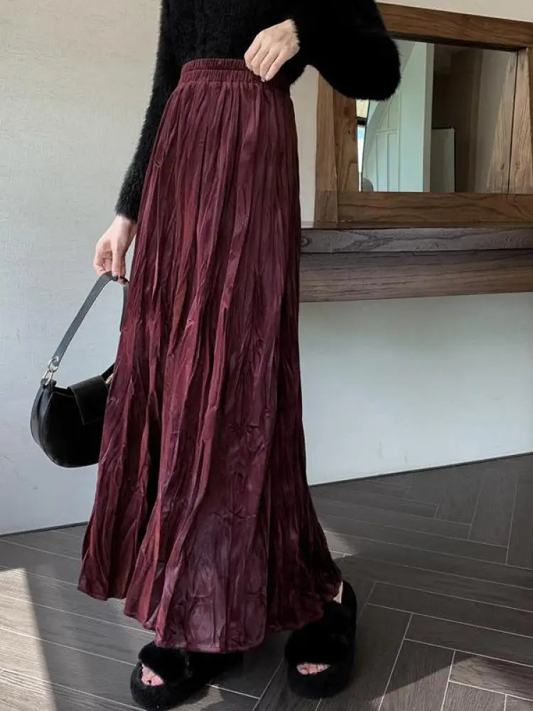 Women's High Waist Velvet Pleated Long Skirt - Black, Red & Brown Korean Style Elastic Waistband for Autumn Winter | Elegant Party, Vacation & Office Wear