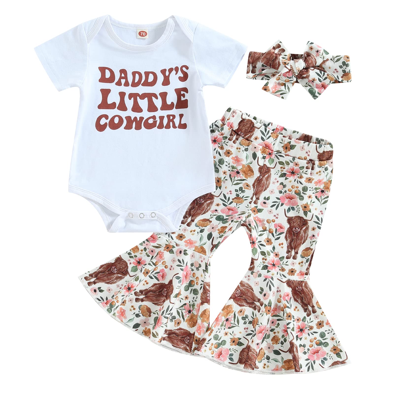 Muasaaluxi Newborn Baby Girl Clothes - Cow Print Short Sleeve Romper Onesie with Bell Bottoms & Headband - Western Style Outfit for Photoshoots, Parties & Daily Wear