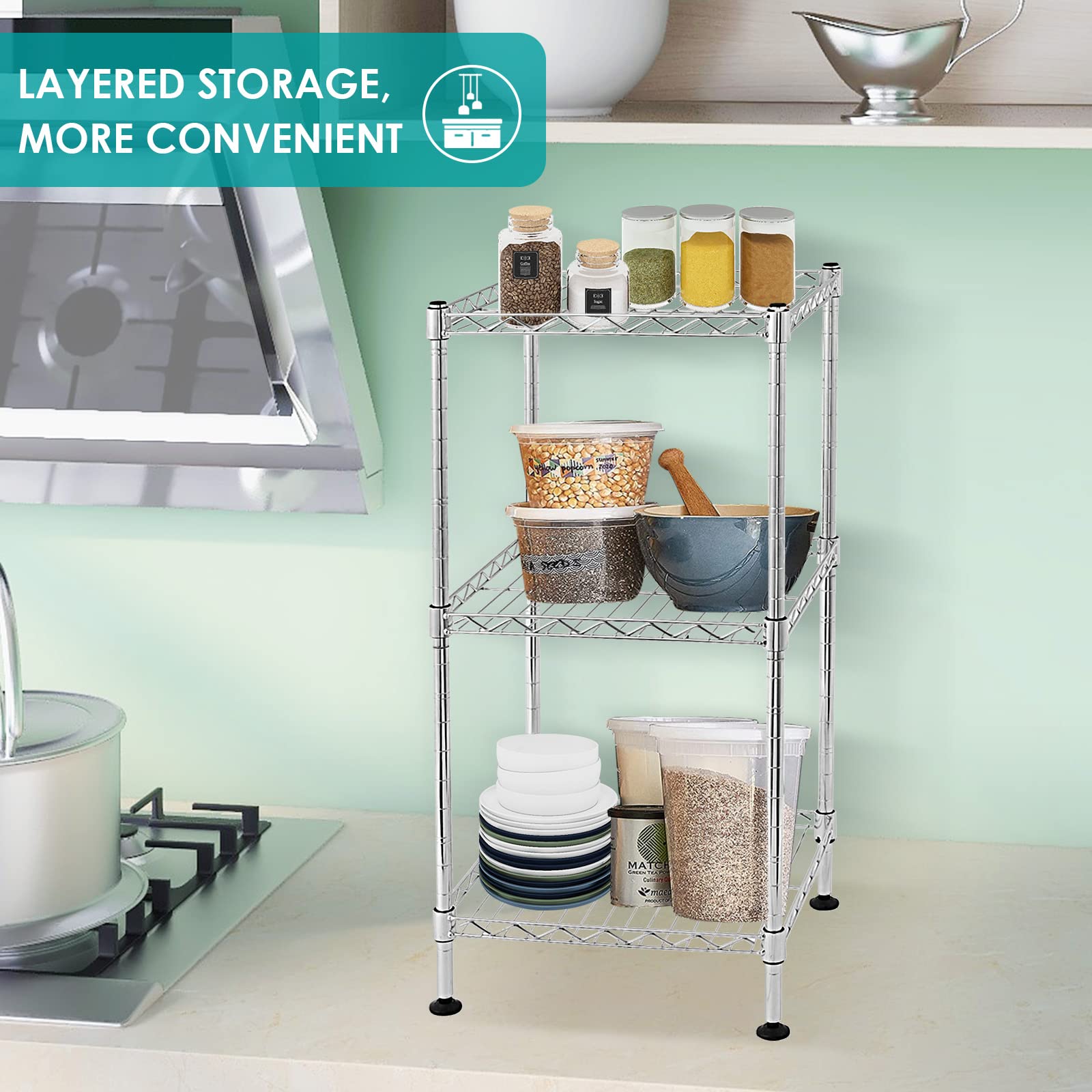 BNSPLY 3-Tier Adjustable Metal Wire Shelving Unit - NSF Certified Heavy Duty Storage Rack with Leveling Feet for Laundry Room, Bathroom, Kitchen, Pantry & Closet Organization - Chrome Finish for Home & Office Use