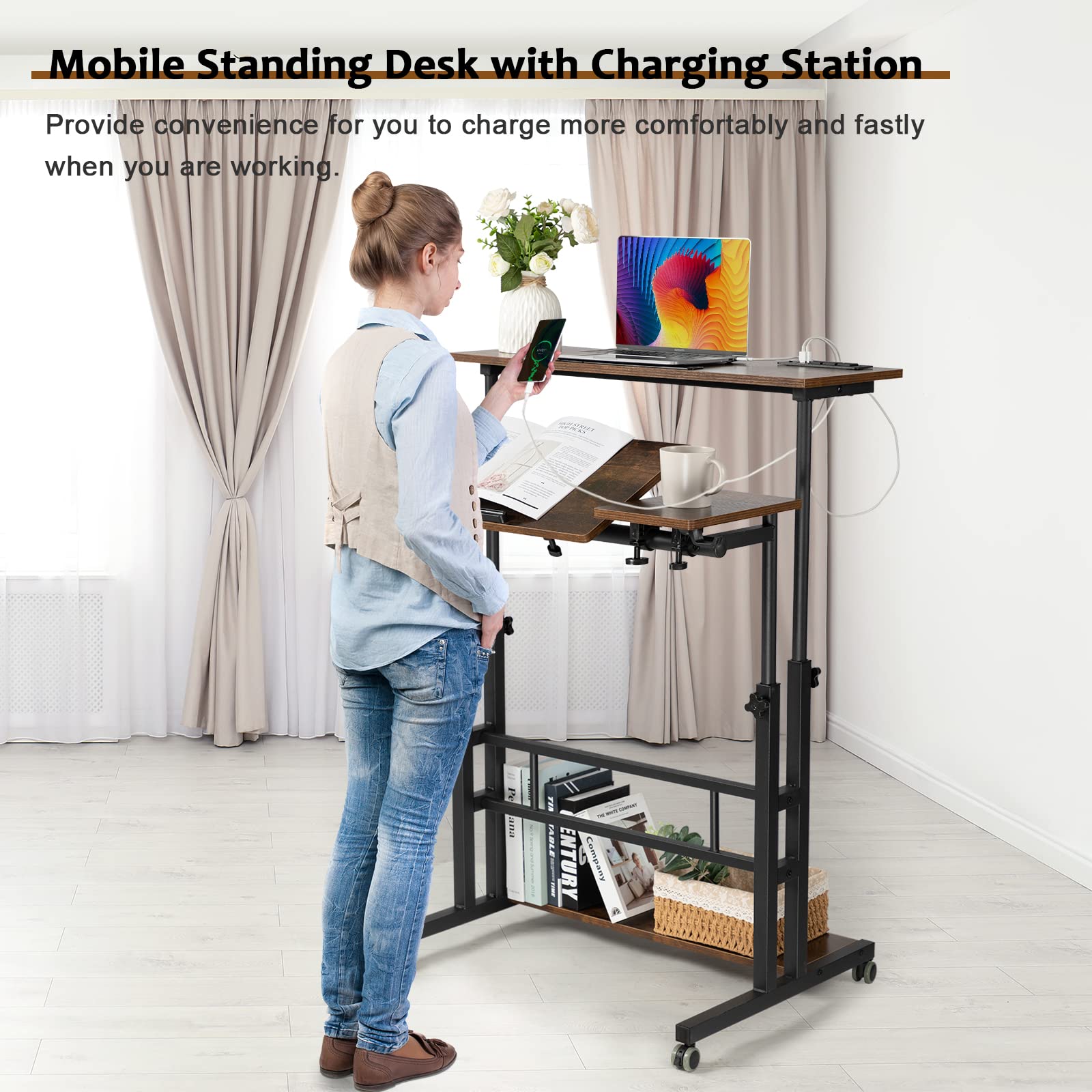 Hadulcet Adjustable Mobile Standing Desk with USB Charging Station - 31.49