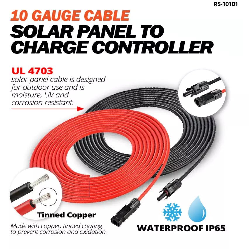 Rich Solar 10 Gauge 20 Feet Solar Panel Extension Cable - Heavy Duty PV Wire for Charge Controller Connection | Perfect for Off-Grid Solar Systems, RV & Marine Applications