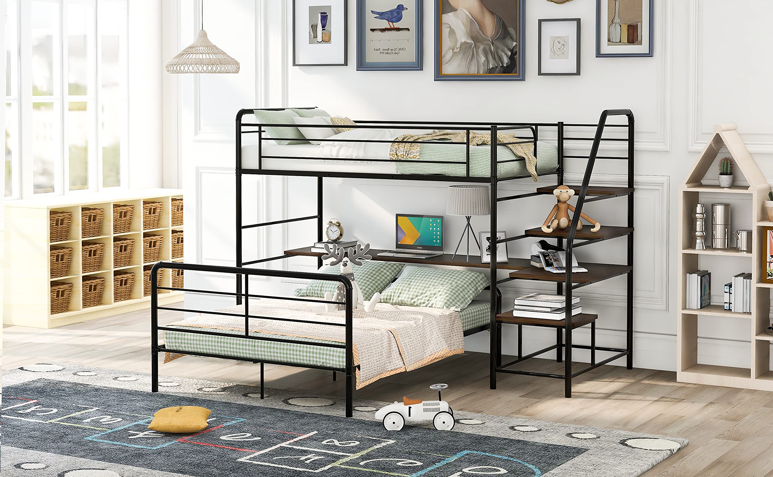 Twin Over Full Loft Bed Frame with Desk & Ladder - Sturdy Black Metal Bunk Bed for Teenagers - Space-Saving Bedroom Furniture for Small Rooms & Shared Kids' Rooms - Perfect for Dorms, Apartments & Multi-Child Families