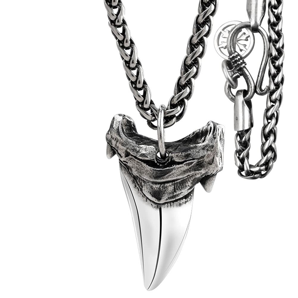 Men's Shark Tooth Pendant Necklace - 925 Sterling Silver Gothic Jewelry with Extended Keel Chain | Cool Retro Style Accessory for Men | Perfect for Halloween, Punk Fashion & Everyday Wear