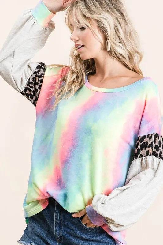 Bibi Tie Dye Terry Top with Contrast Puff Sleeves in Pastel Colors | Women's Fashion Tunic | Casual Wear & Summer Outfits