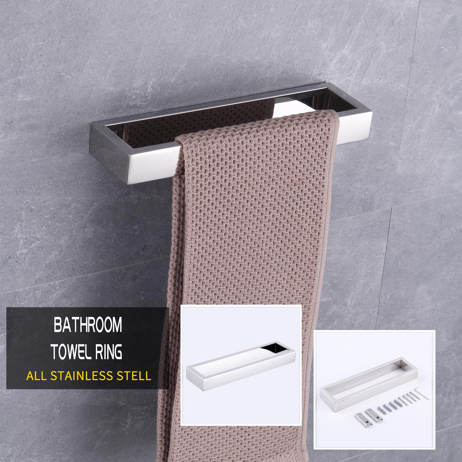 GERZWY 2-Piece Stainless Steel Bathroom Accessory Set - SUS 304 Toilet Paper Holder & Towel Ring Wall Mount, Polished Finish HG1708-2JG - Perfect for Modern Bathroom Decor & Space-Saving Organization