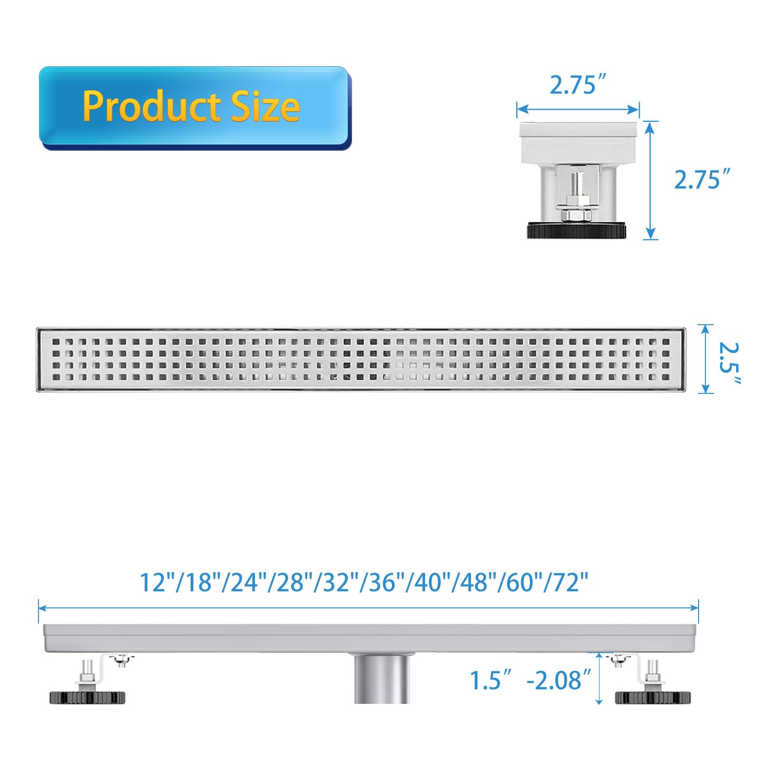 24 Inch Linear Shower Drain with Removable Grate Cover - AISI 304 Stainless Steel Floor Drain with Hair Catcher & Adjustable Leveling Feet - Perfect for Modern Bathroom & Walk-in Shower Designs