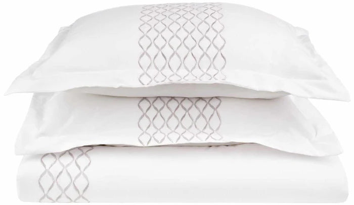Hannah Geometric Embroidered Solid Duvet Cover Set - Queen Size Bedding Set with Pillowcases - Modern Boho Chic Home Decor for Master Bedroom & Guest Room