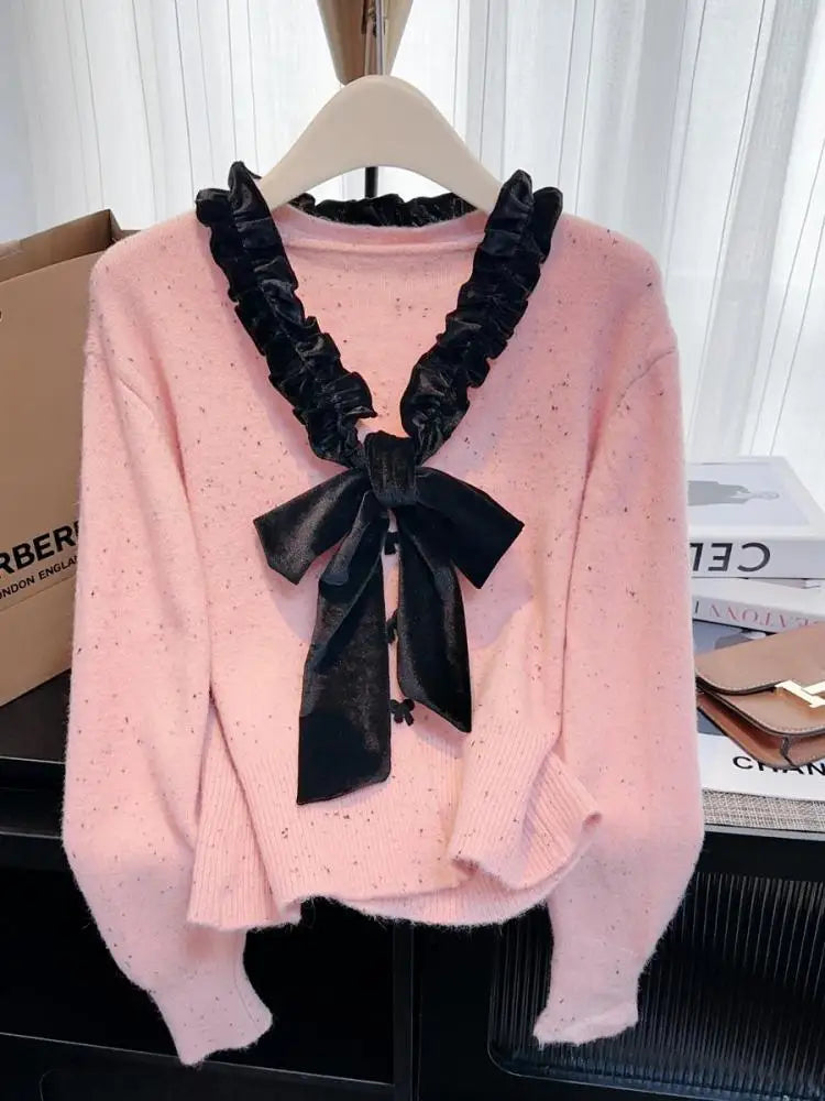Elegant French Patchwork V-Neck Bow Ruffles Women's Knit Sweater - Long Sleeve Single Breasted Winter Top for Office & Date Nights (2024 Fashion)