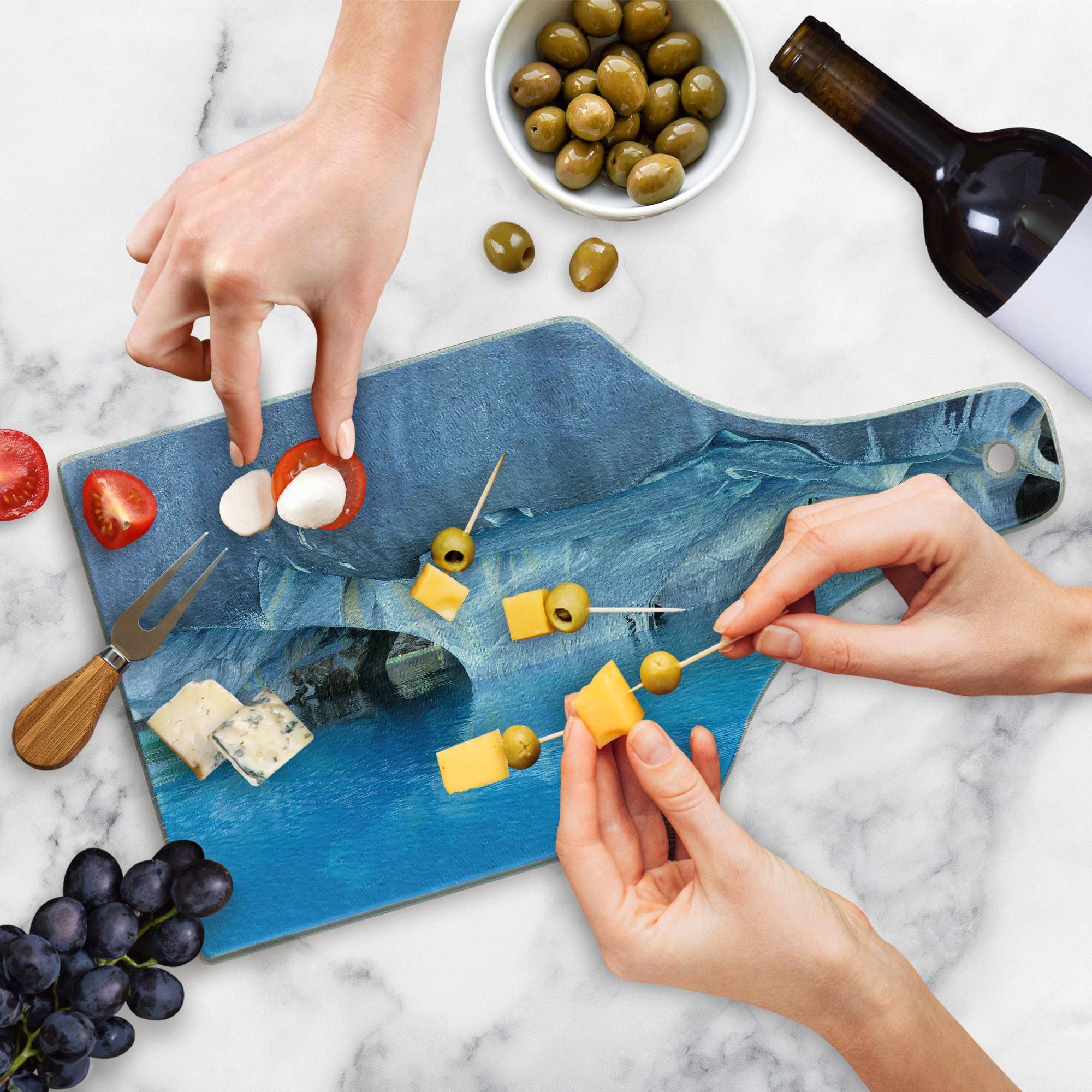 Ambesonne Blue Marble Glass Cutting Board - Chile Carrera Lake Inspired, Tempered Glass Serving Board for Kitchen, Wine Bottle Shape - Perfect for Charcuterie, Cheese, and Entertaining (Blue, Purple, Grey, White)