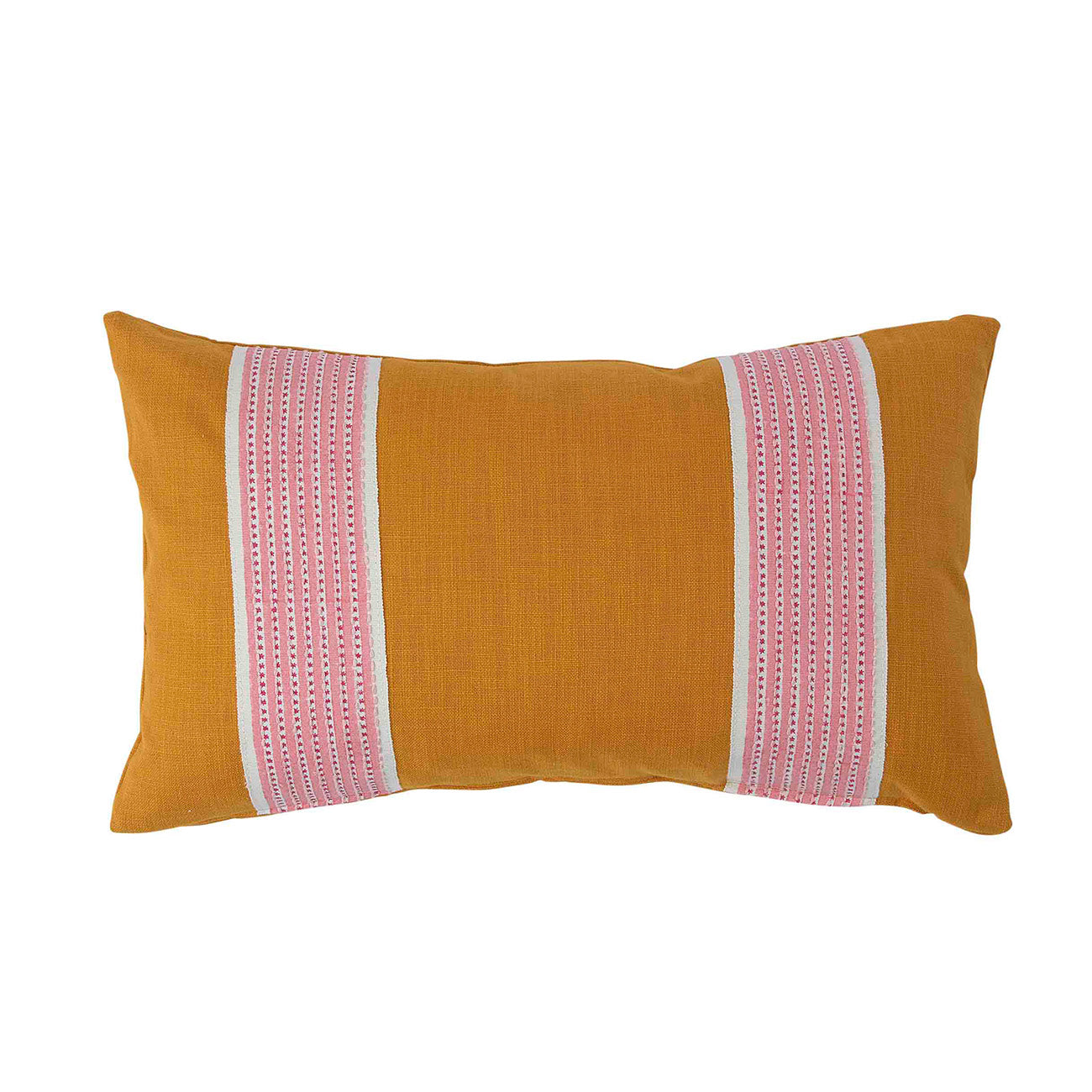 Organic Turmeric Cotton Cushion with Stripe & Dot Design - Pink Tape Trim - Perfect for Sofa, Bedroom Decor and Boho Home Styling