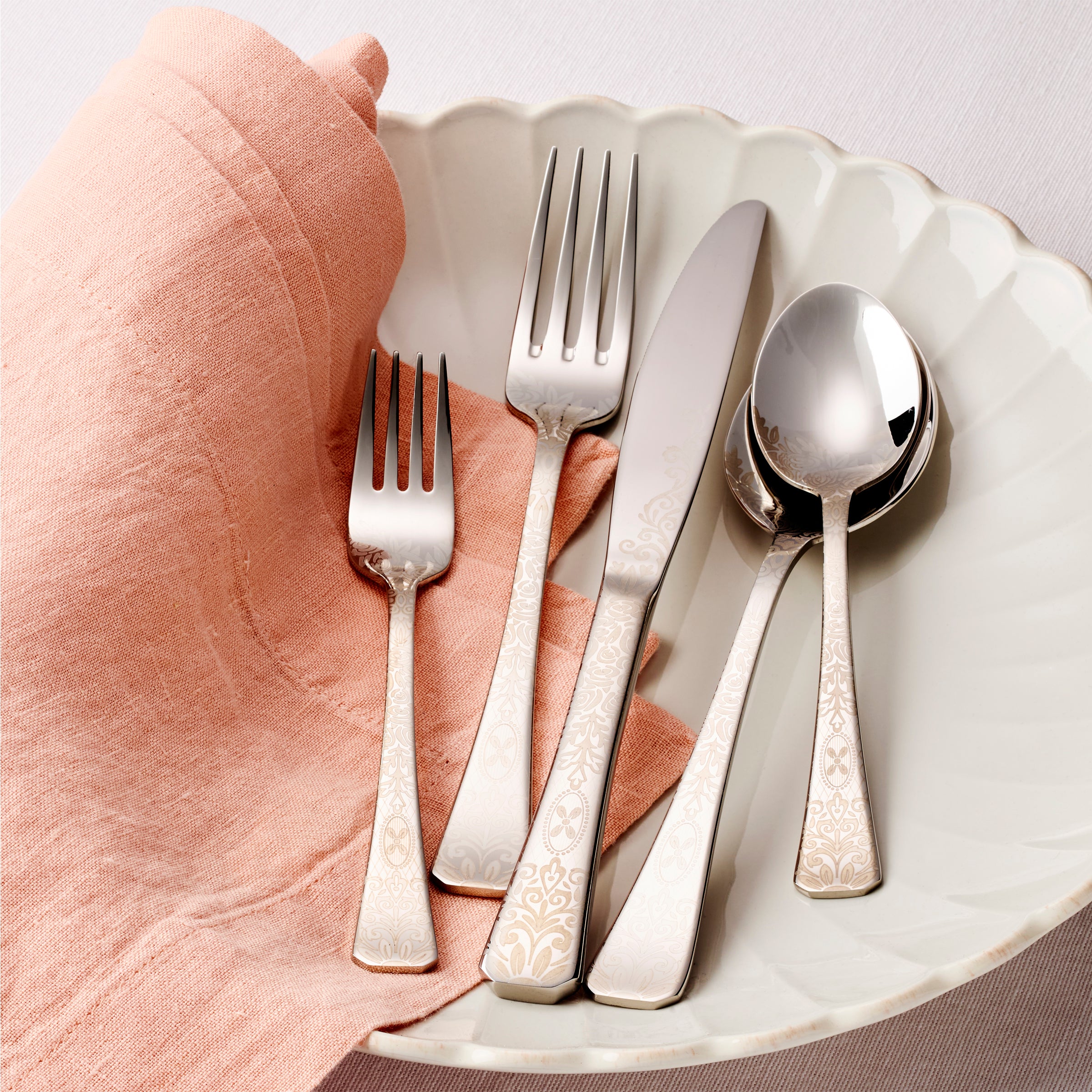 Floral Etch 30-Piece Flatware Set - Stainless Steel Silverware Cutlery Set for 6 - Elegant Dinnerware for Wedding, Party, and Home Dining