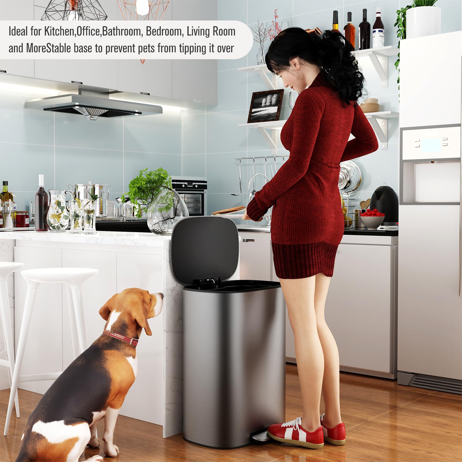 13 Gallon Stainless Steel Trash Can with Lid - Metal Foot Pedal, Quiet Soft Close, Includes 30 Garbage Bags - Perfect for Kitchen, Office, Living Room, Bathroom & Commercial Use