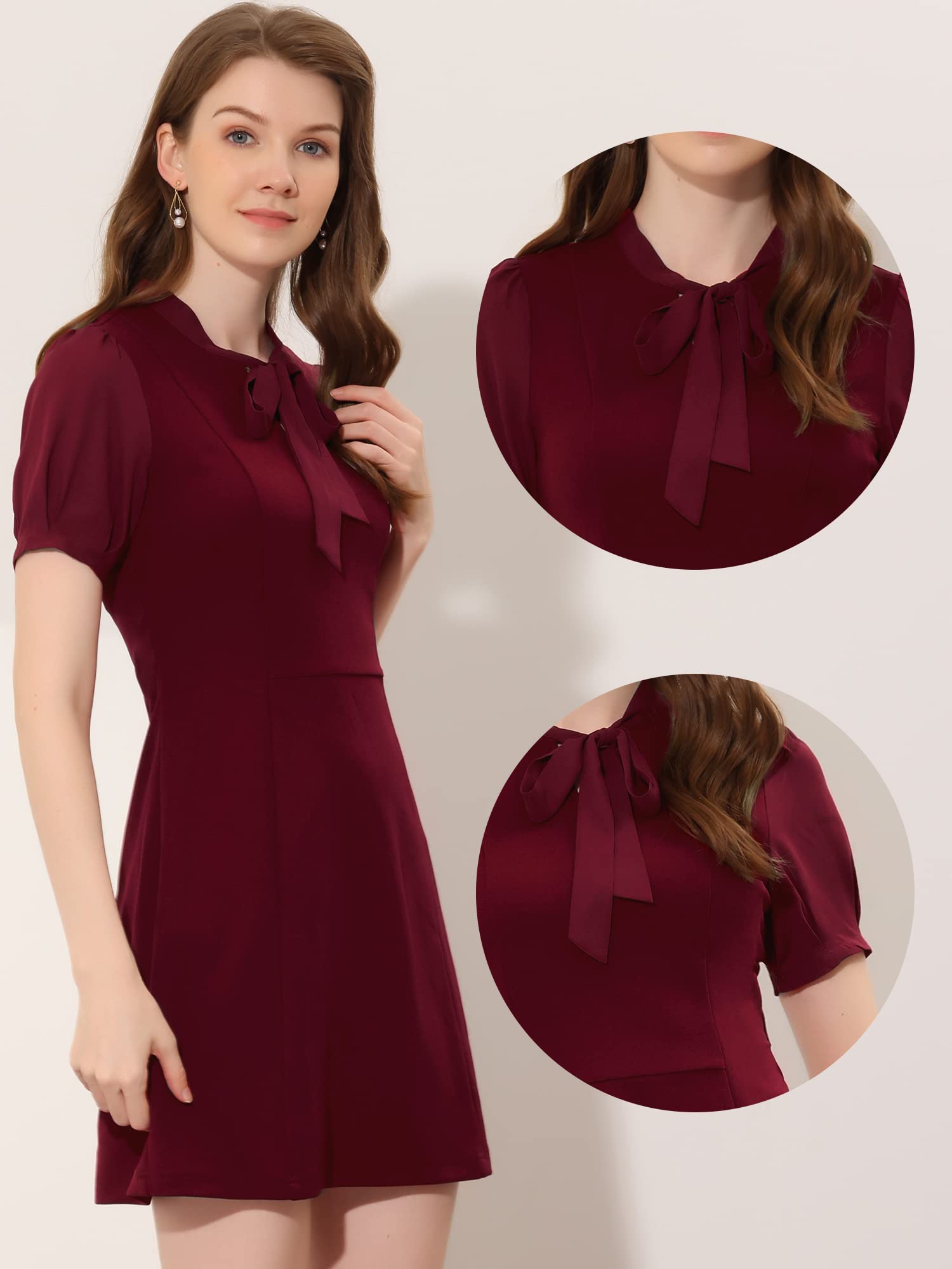 Allegra K Women's Elegant Tie Neck Puff Sleeve Office Dress - Professional Work Attire for Business Meetings & Office Wear