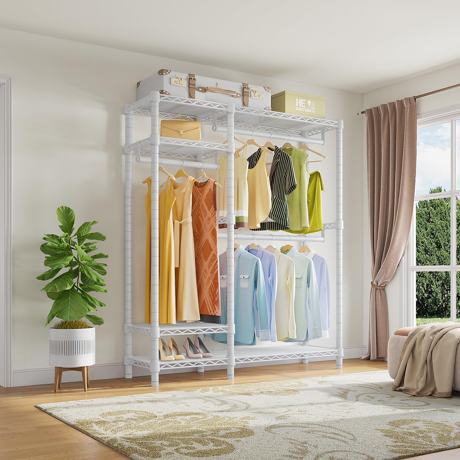 VIPEK V2S Heavy Duty 4-Tier Metal Clothes Rack with 3 Hanging Rods - 800LBS Capacity Freestanding Garment Storage Organizer for Closet, Laundry Room, or Commercial Use - White