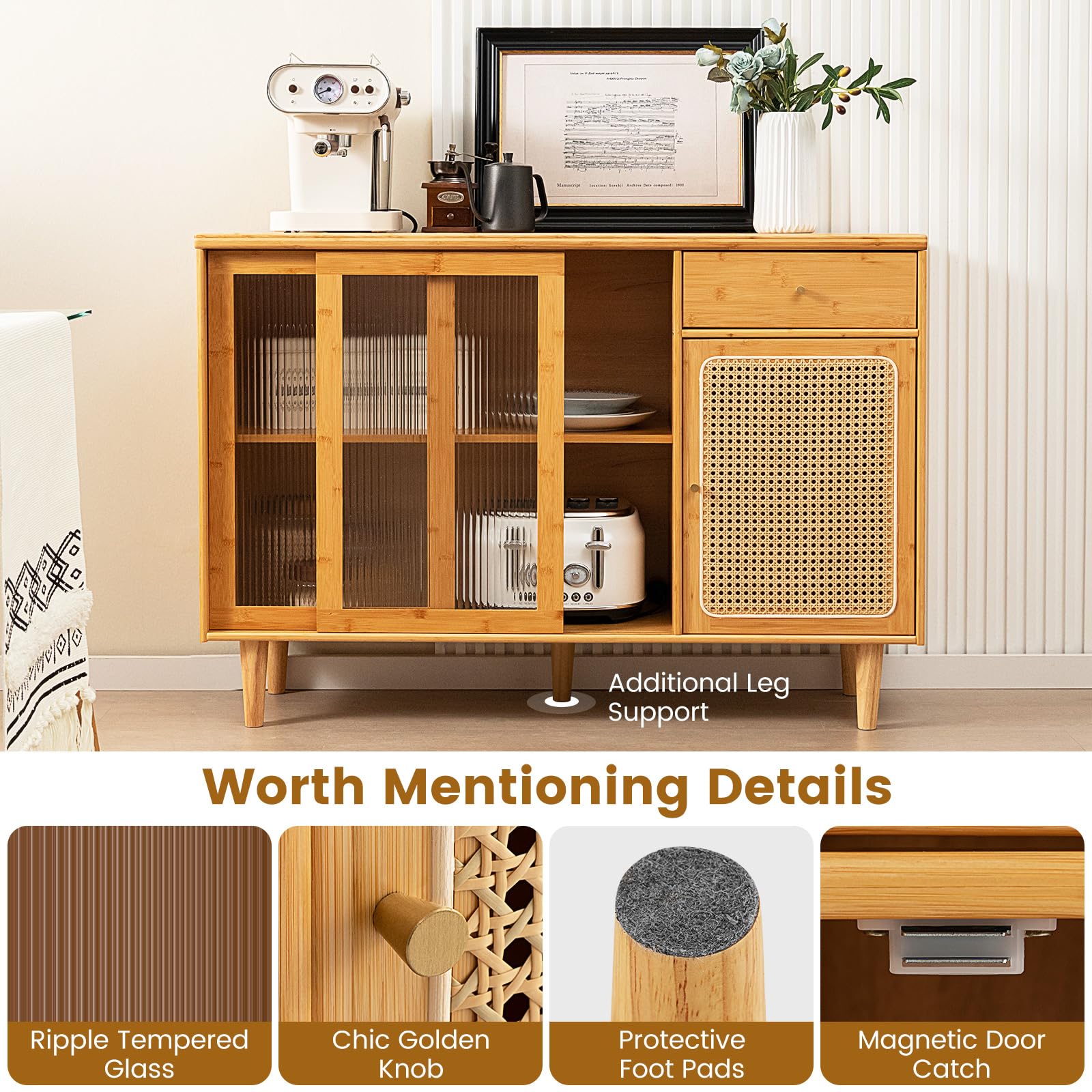 Giantex Bamboo Buffet Cabinet with Storage - Farmhouse Style Sideboard with Drawers & Rattan Glass Doors - Kitchen Cupboard, Entryway Console Table for Dining Room, Coffee Bar - Perfect for Home Decor, Entertaining & Storage Solutions