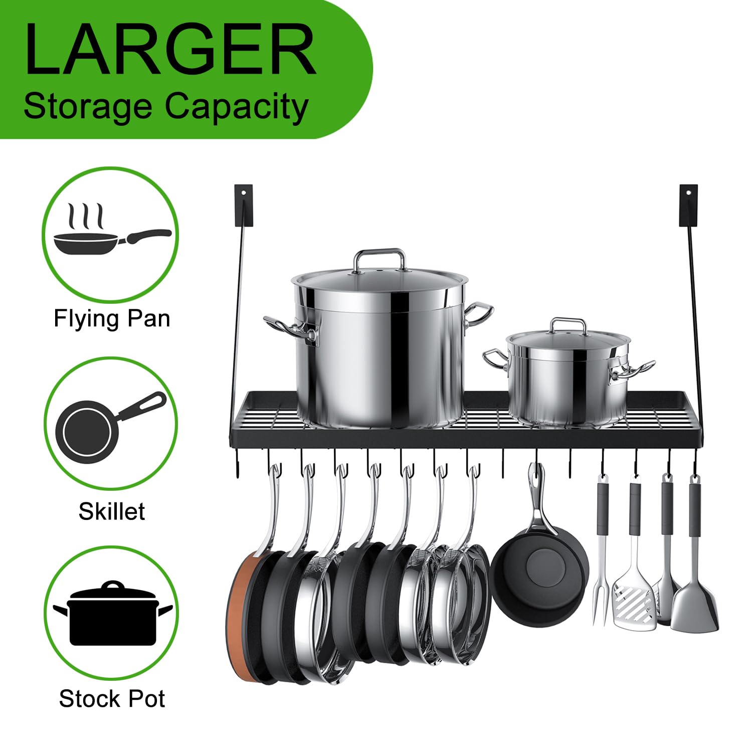 Hoooh Square Grid Wall Mount Pot Rack with 10 Hooks - Black Kitchen Cookware Hanging Organizer (KPR300A-BK) for Pots, Pans & Utensils - Perfect for Small Kitchens & Pantry Organization