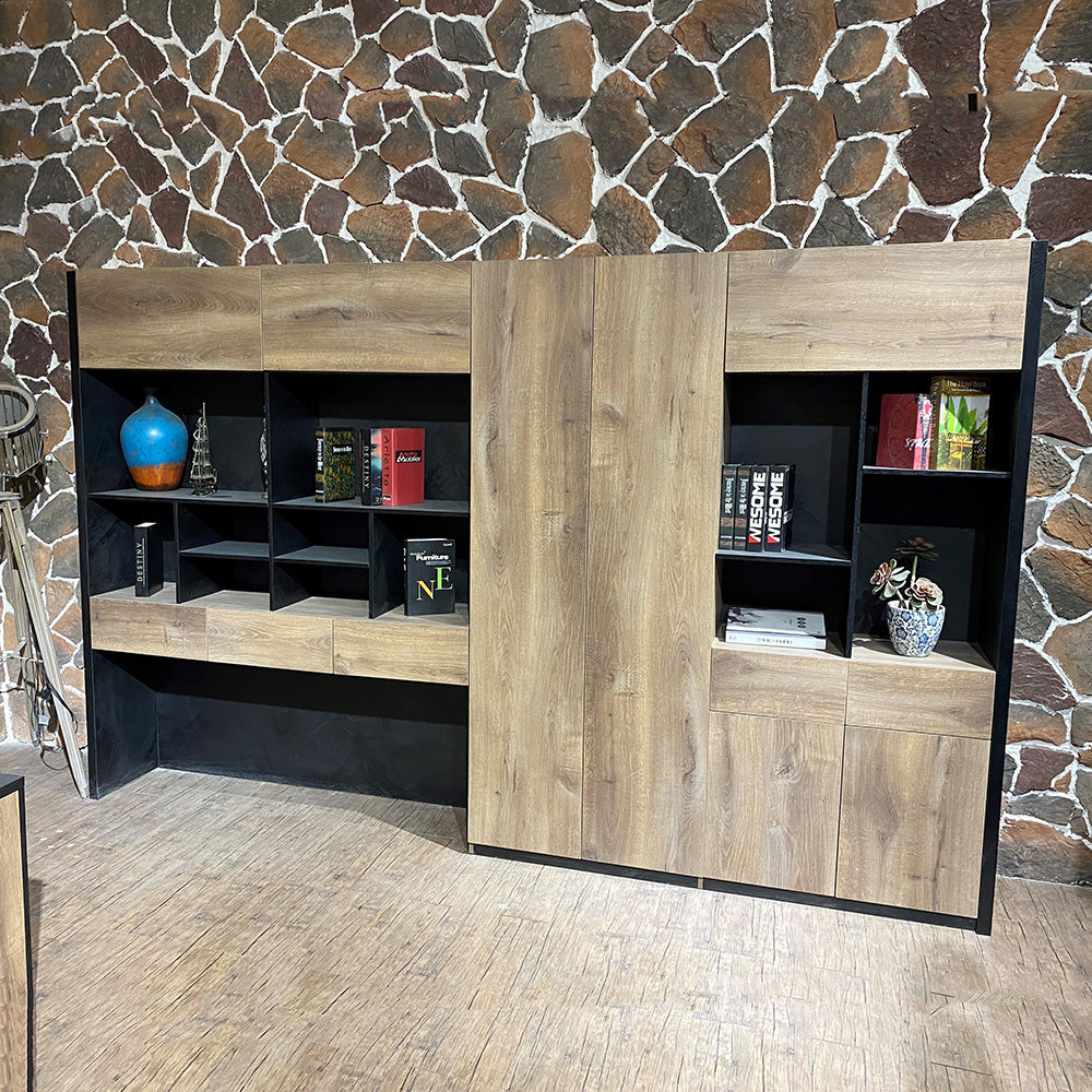 EASTON 3.2M Display Unit in Warm Oak & Black - Modern Shelving System for Retail Stores, Boutiques & Home Decor