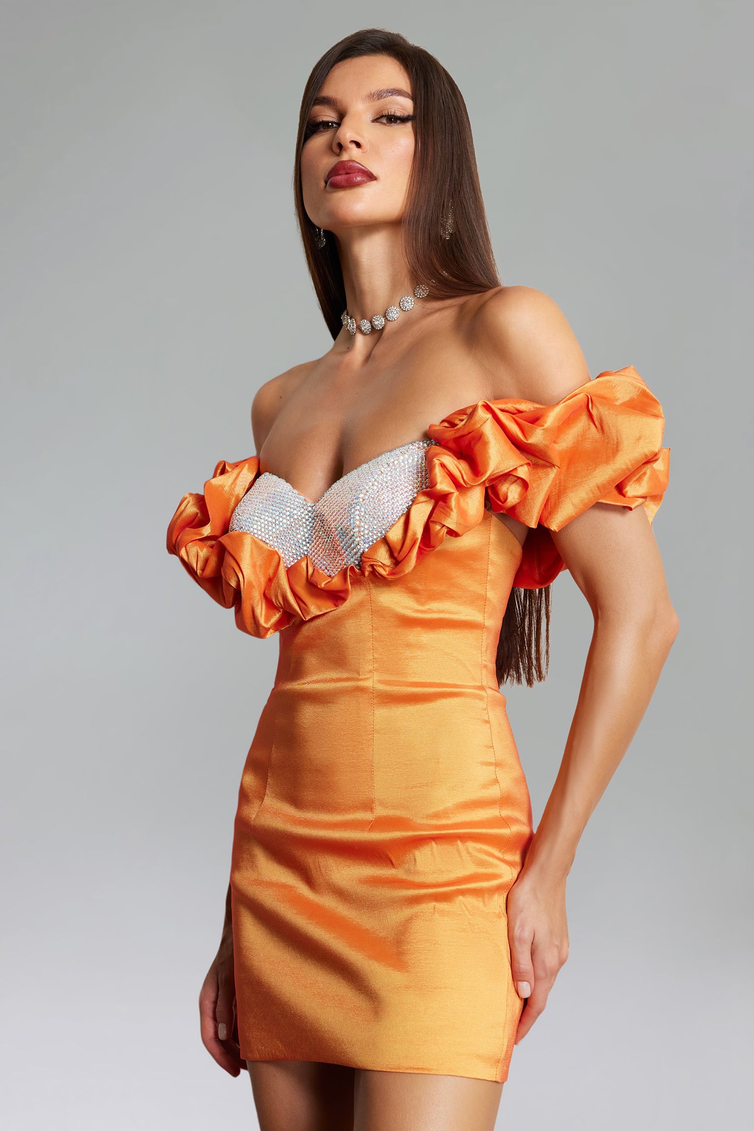Locia Puff Off Shoulder Diamante Mini Dress - Orange | Elegant Party Cocktail Dress for Women | Perfect for Weddings, Date Nights & Special Occasions