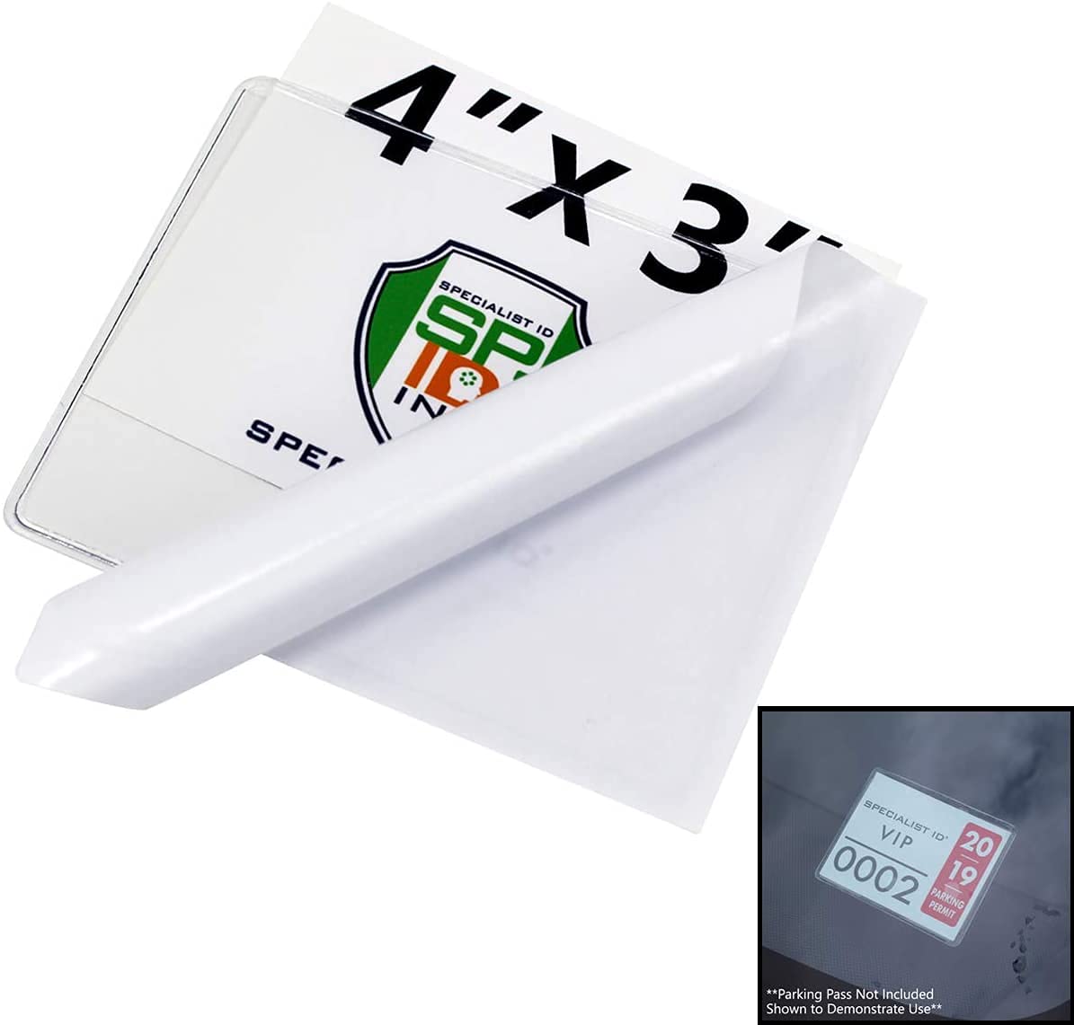 100 Pack Clear Adhesive Parking Permit Holders for Car Windshield - Vinyl Plastic Tag Pouch Protects Parking Placards, Passes, Decals & Stickers (4