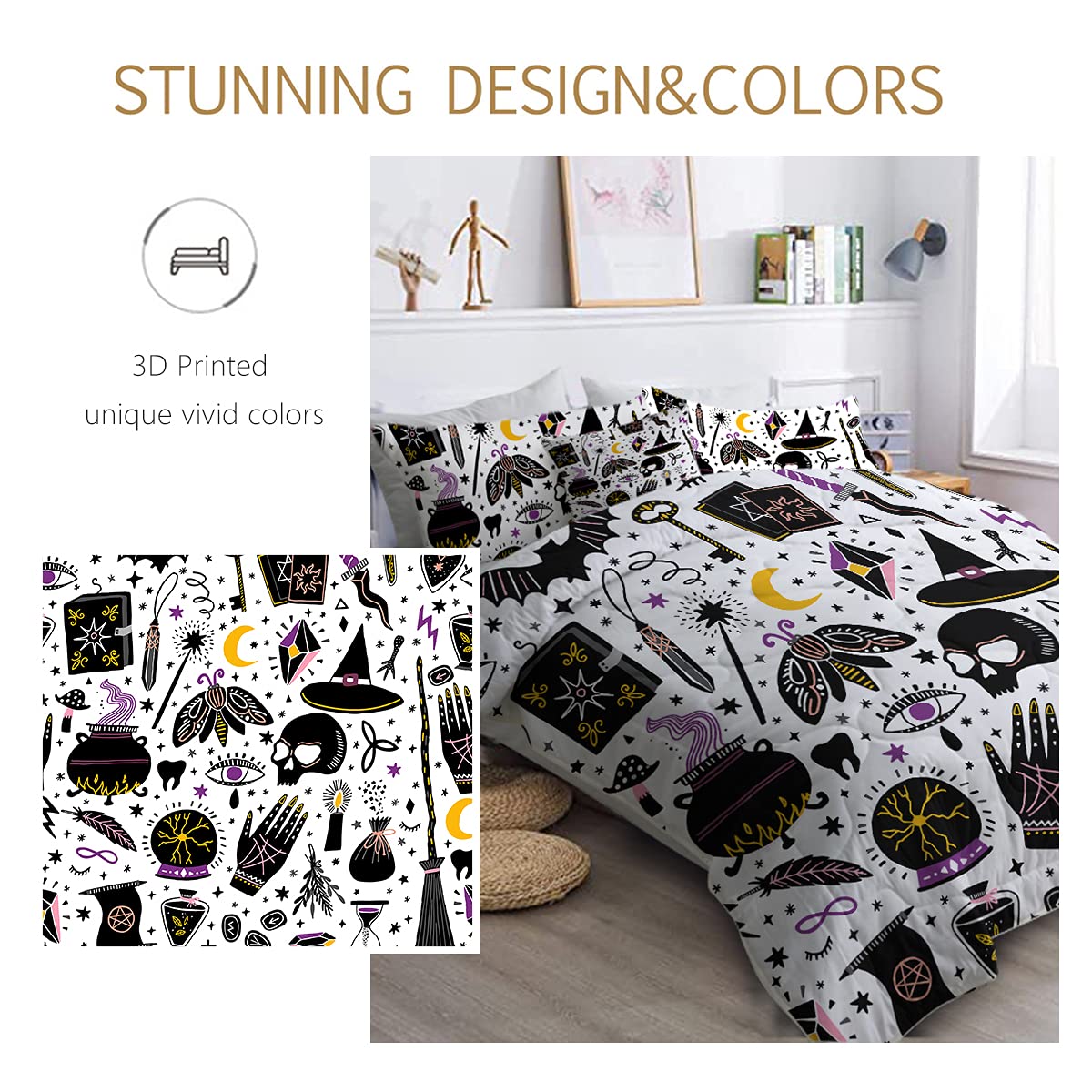 BlessLiving Witchcraft Queen 8-Piece Halloween Comforter Set - All Season Down Alternative Bedding with Comforter & Sheets for Adults, Men & Women | Gothic Bedroom Decor for Spooky Season & Witch-Themed Rooms