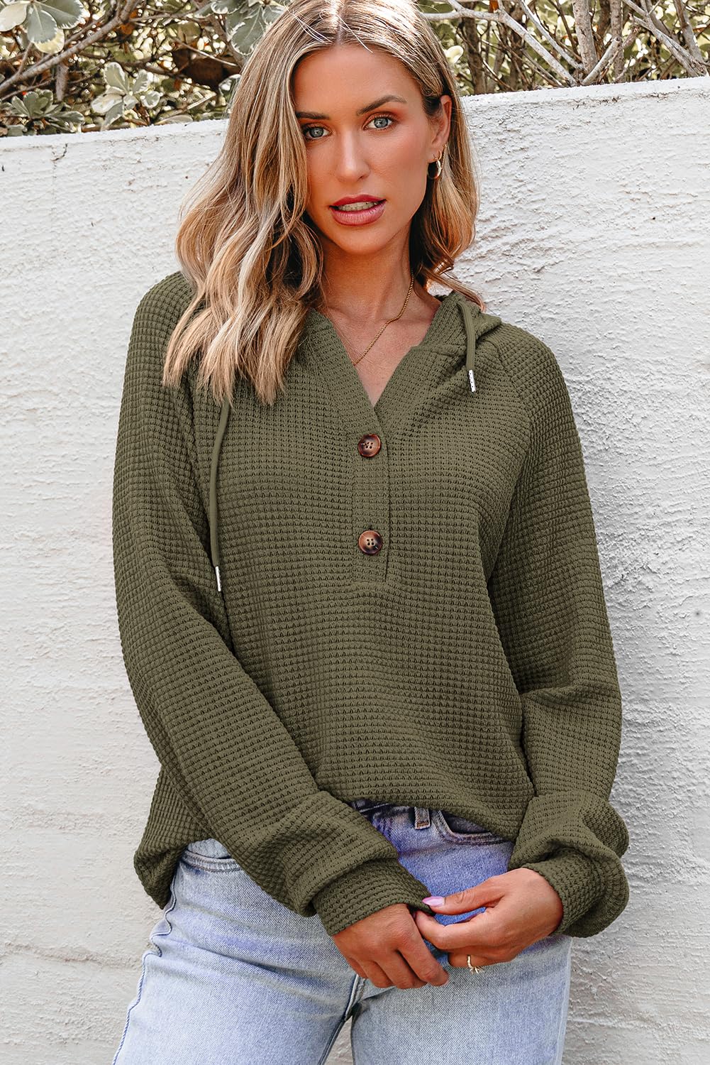 Dokotoo Women's Waffle Knit Hoodie - Long Sleeve Button V-Neck Pullover Sweatshirt with Drawstring | Casual Loungewear for Fall & Winter | Perfect for Coffee Dates, Errands, and Cozy Evenings